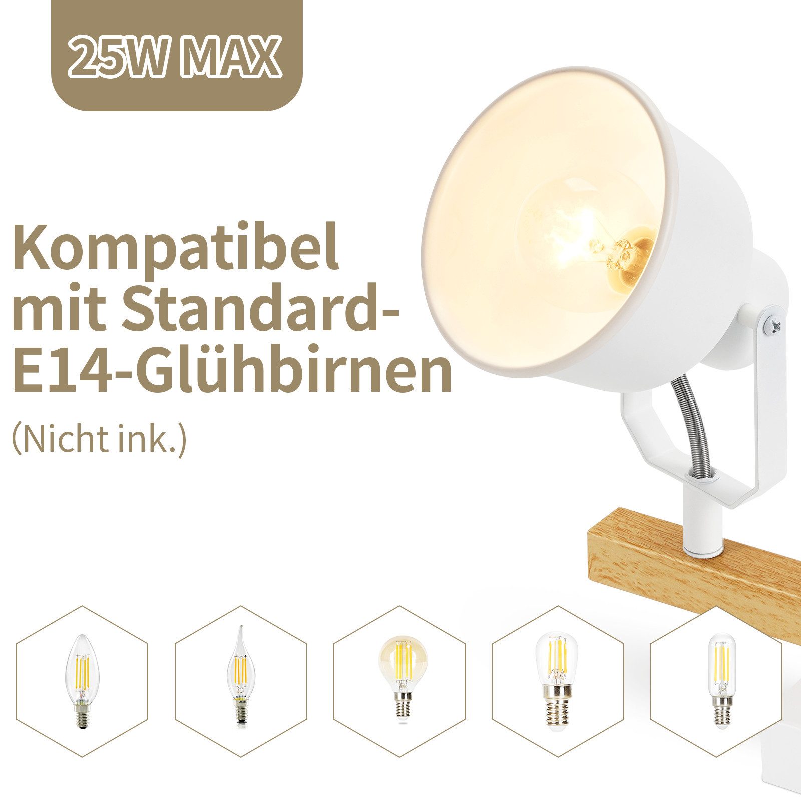 ZMH Deckenstrahler 2/3/4 Flammig 350° Schwenkbar Vintage Deckenlampe Wohnzimmer Flur, Hochwertige Design, ohne Leuchtmittel, E14 Fassung Industrial Holzmaserung – Bild 3 von 5