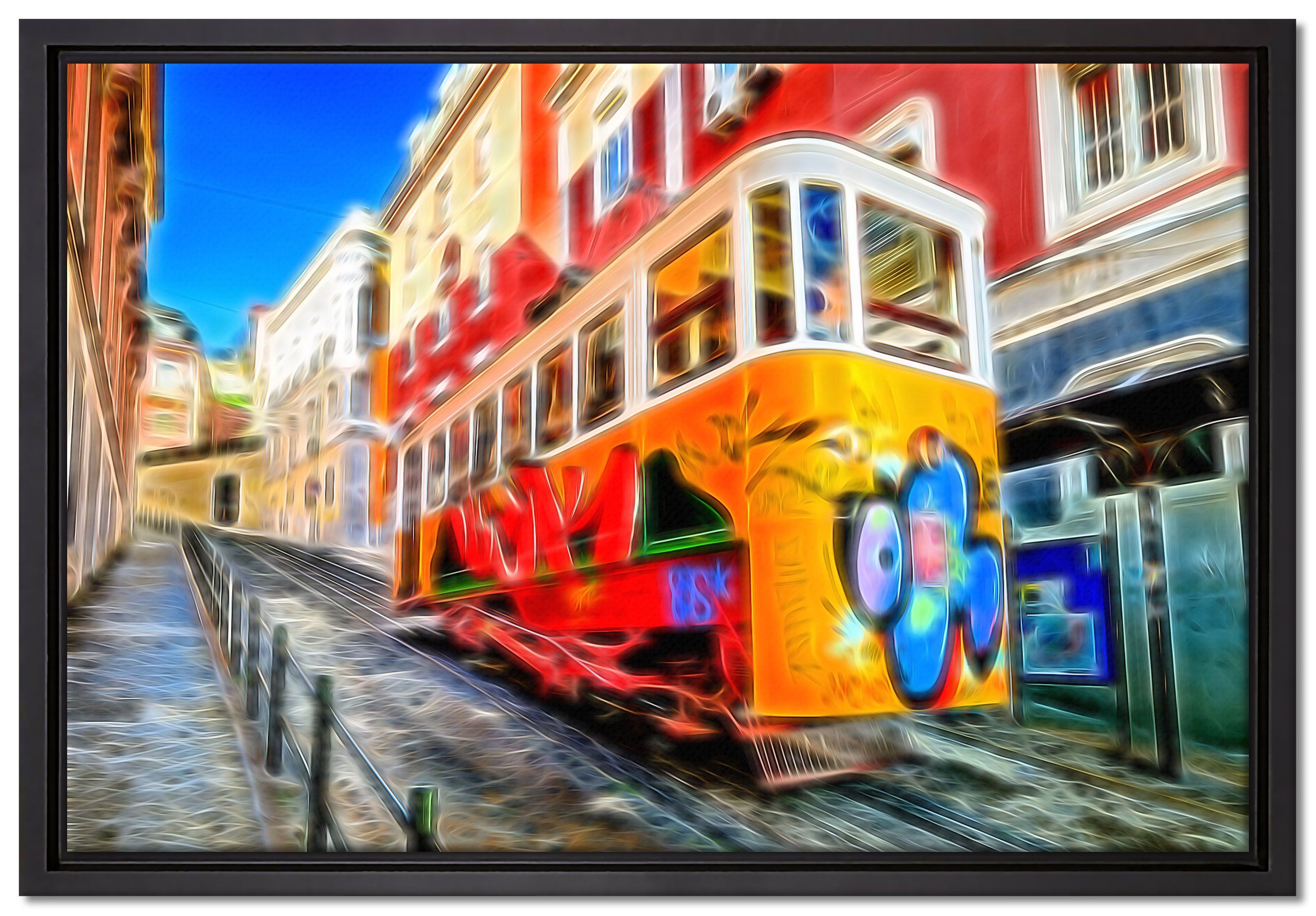 fertig Wanddekoration inkl. in (1 St), Pixxprint Straßenbahn gefasst, Portugal, einem Schattenfugen-Bilderrahmen Leinwandbild bespannt, Leinwandbild in Zackenaufhänger