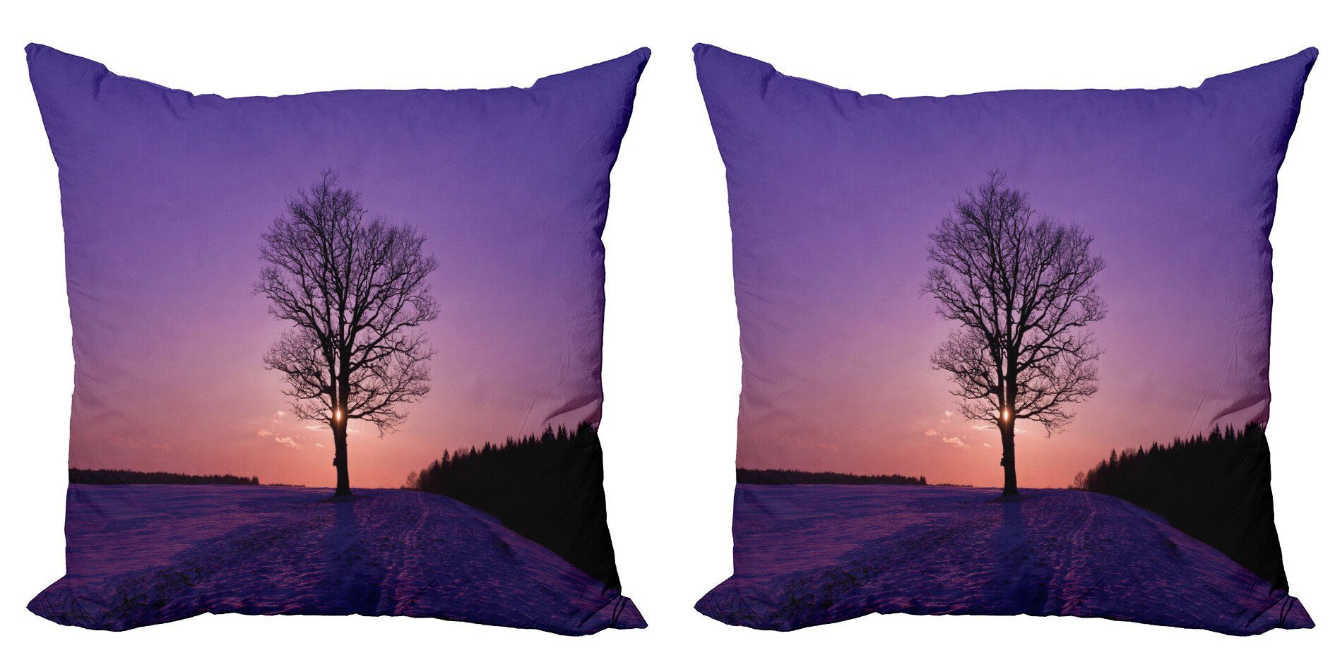 Modern Winterzeit Baum Stück), Kissenbezüge Digitaldruck, Abakuhaus Accent Sonnenuntergang (2 Oak Doppelseitiger