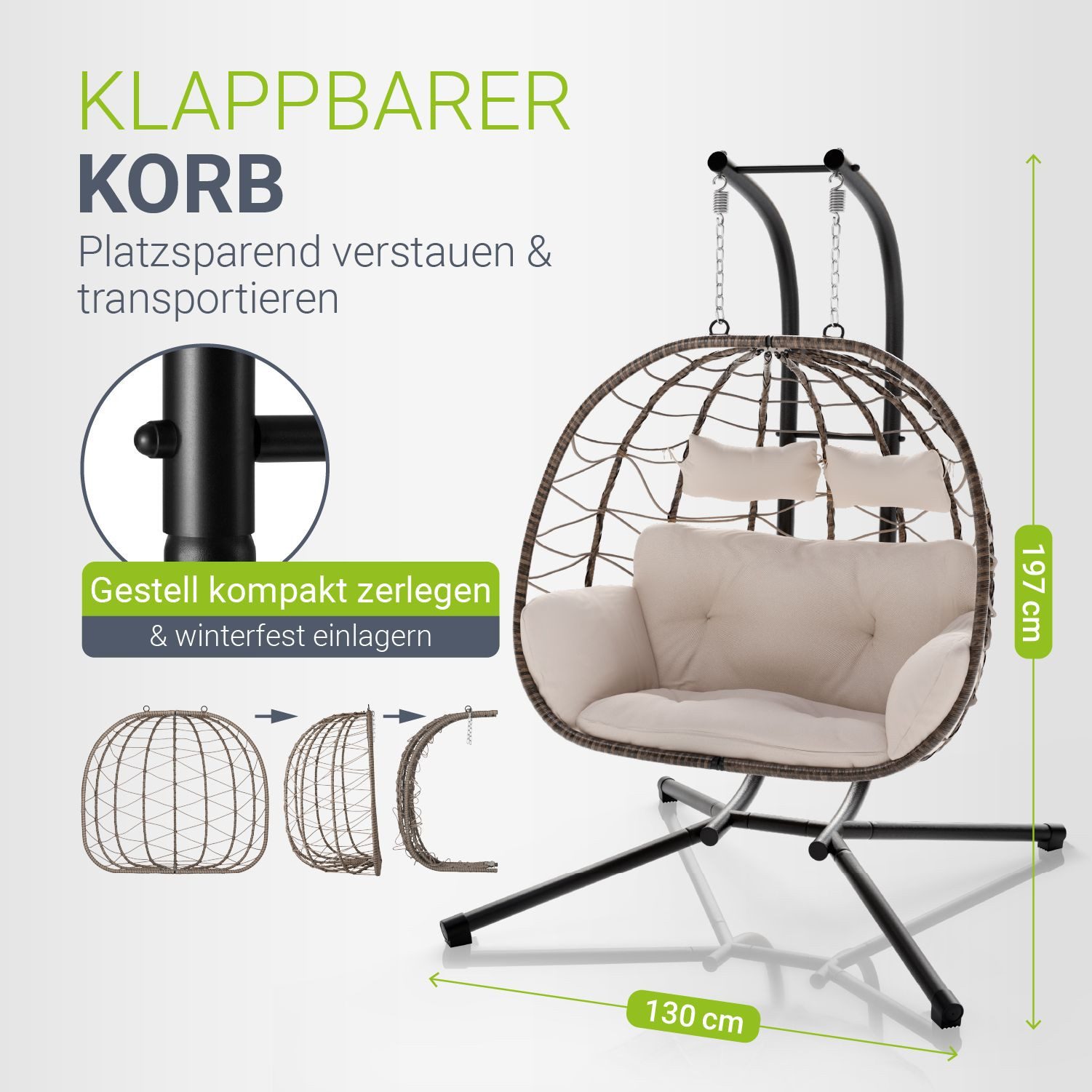 Juskys Hängesessel Aria, Polyrattan Doppelhängesessel, Schaukel mit Gestell & Kissen