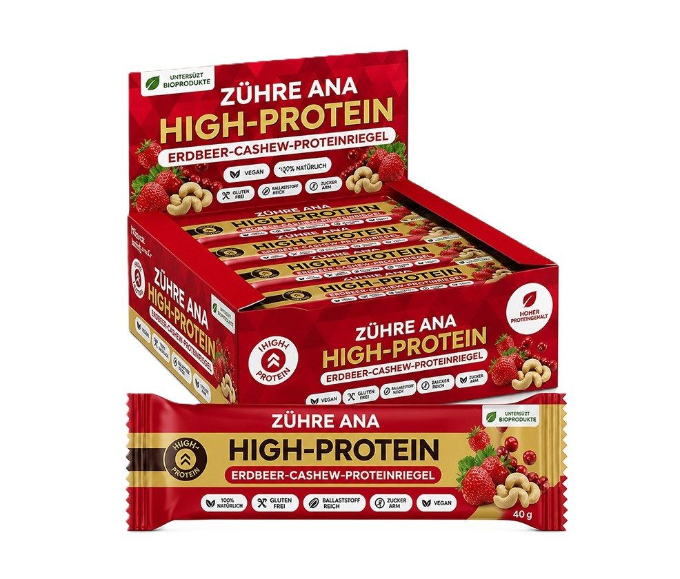 Zühre Ana® Riegel Erdbeer Cashew Proteinriegel 12x – Vegan, Glutenfrei, Zuckerfrei, 420 g, Proteinreicher, leckerer Snack, 35gr x 12 Stück