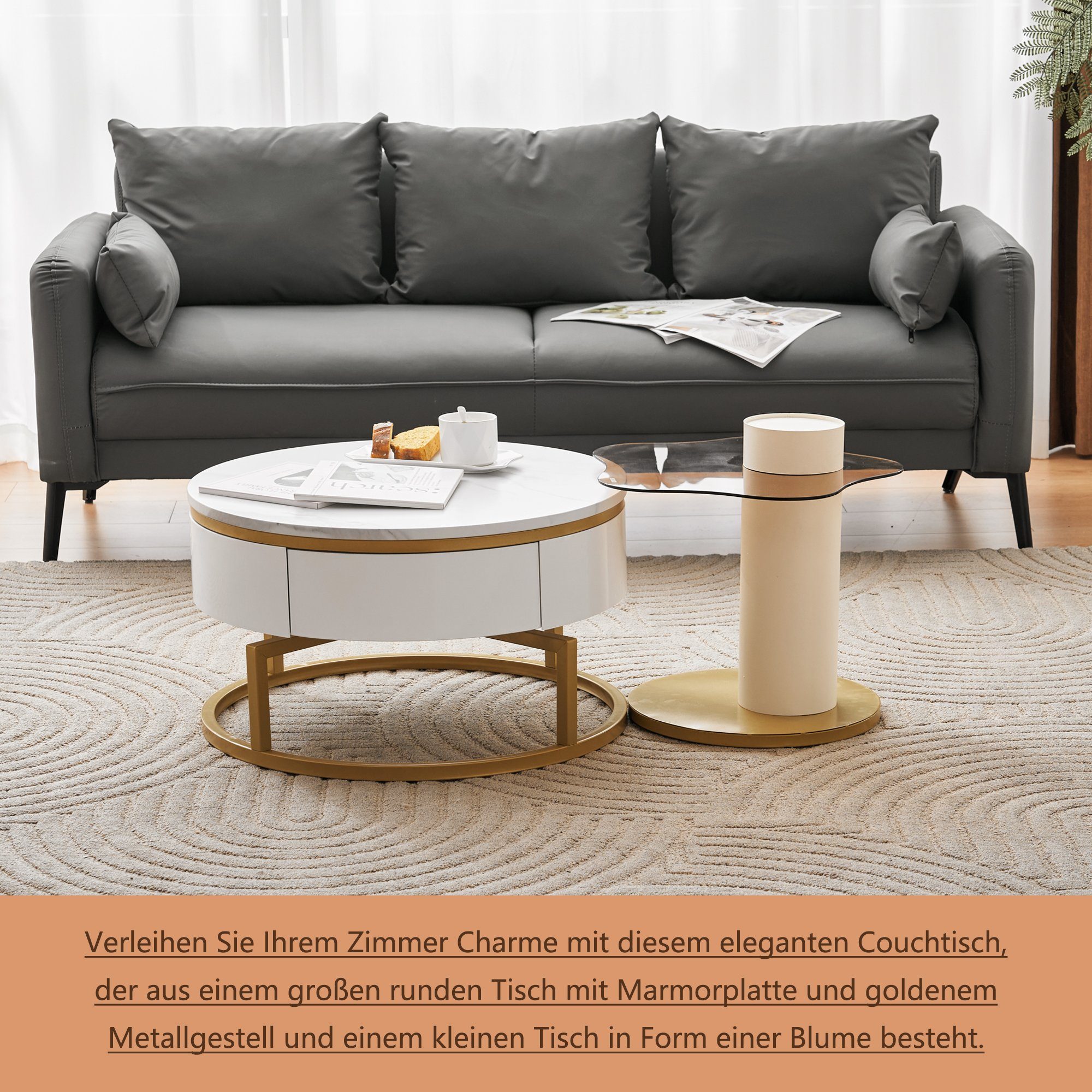 Couchtisch Nesting Marmoroptik Glas 360 Odikalo Hochglanz drehbar 2-teilig Weiß Teetisch