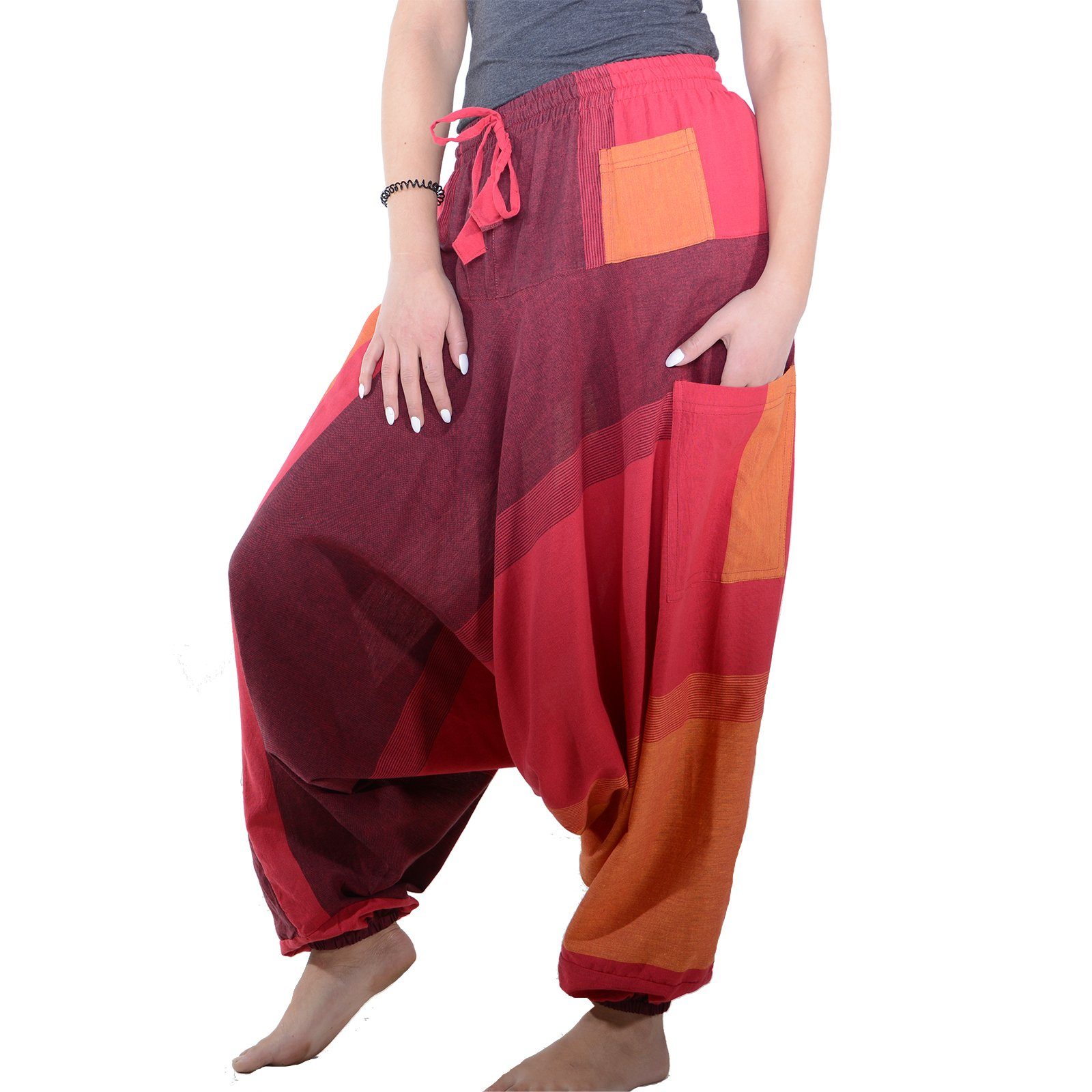 KUNST UND MAGIE Haremshose Damen Harem Hose Bunt Aladin Haremshose Pluderhose Pumphose Goa Hippie Rot / Orange