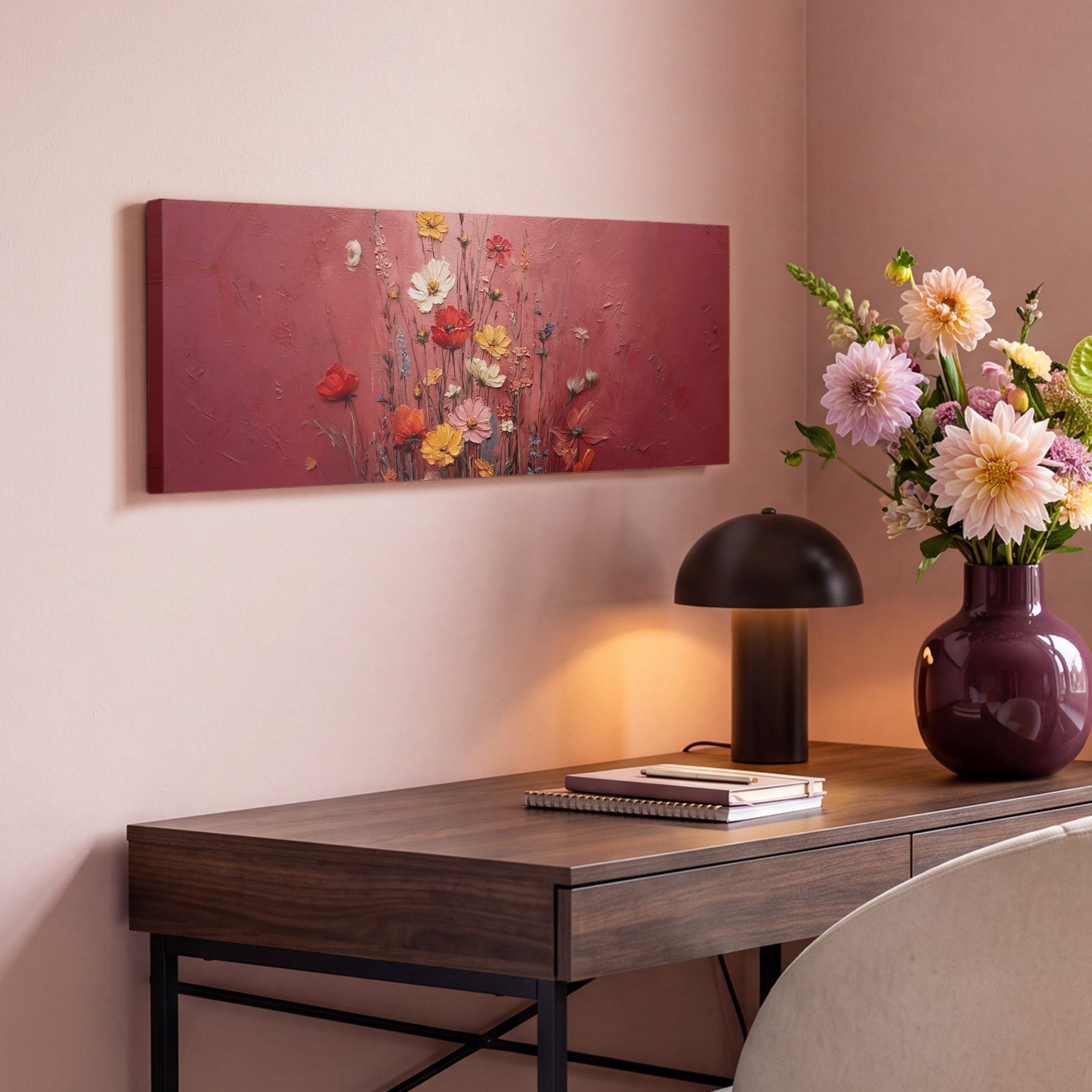 OneMillionCanvasses® Leinwandbild Panorama Blumenbouquet - Tiefe - Spürbare Textur, Fotodruck (1 St), Wandbild, Deko Schlafzimmer Wohnzimmer Flur 60x20 cm – Bild 4 von 5