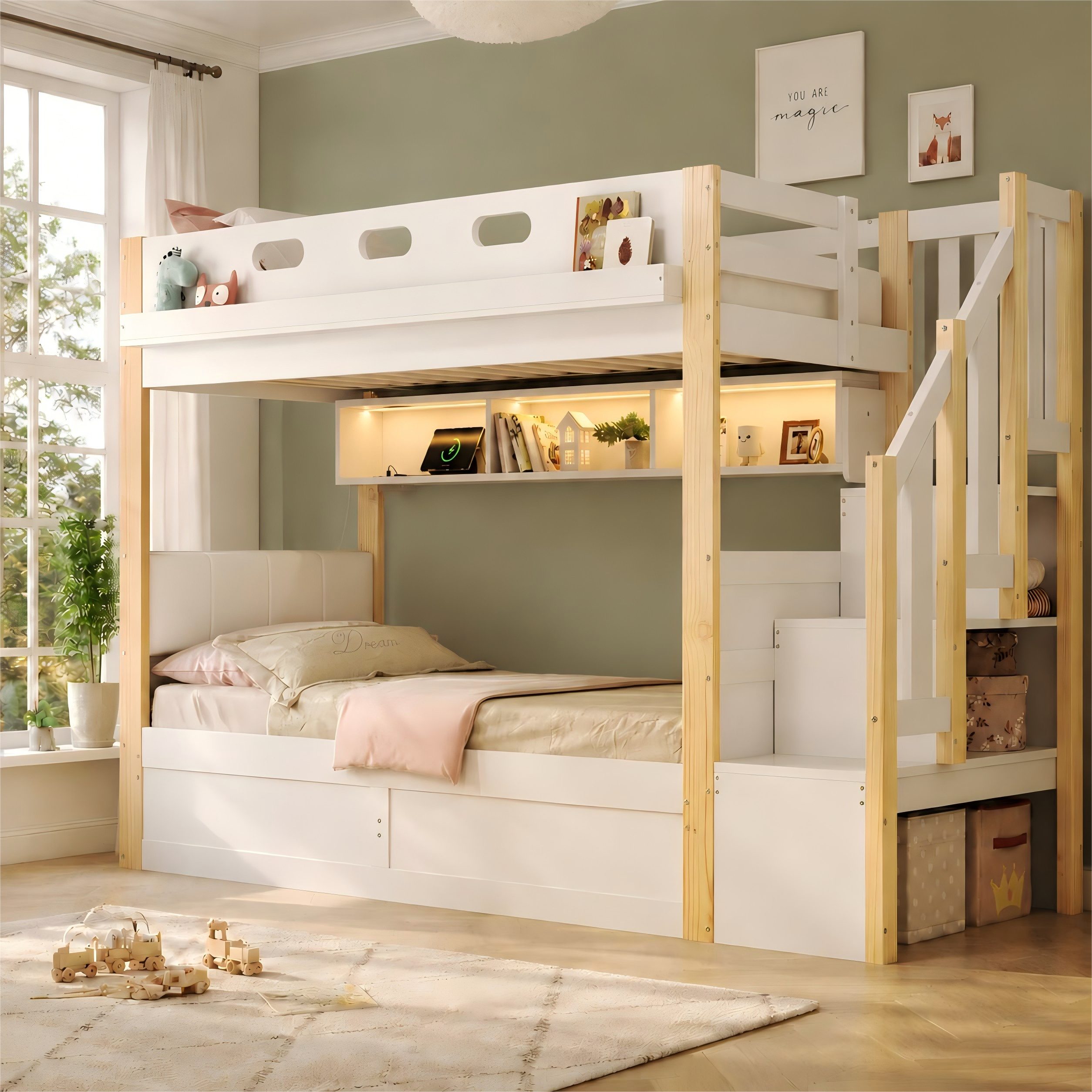 Ulife Etagenbett 2 Kinder 90×200cm mit hydraulischem Unterbett, Treppe mit Regalen, Kinderbett mit LED-Ablageboard, Hochbett großem Stauraum, Weiß + Natur – Bild 4 von 5