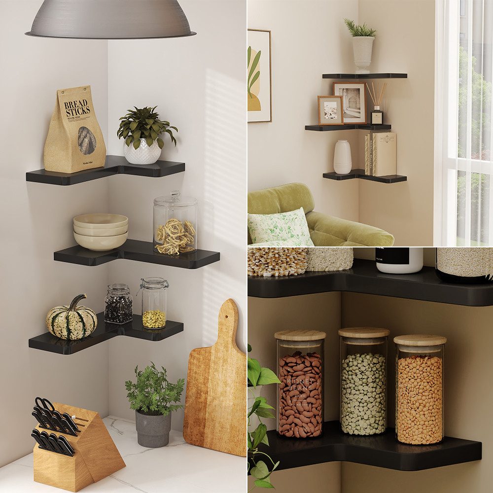 Vicco Eckregal Curva, Schwarz, 40.5 x 2.5 cm 3er Set, 3-tlg.