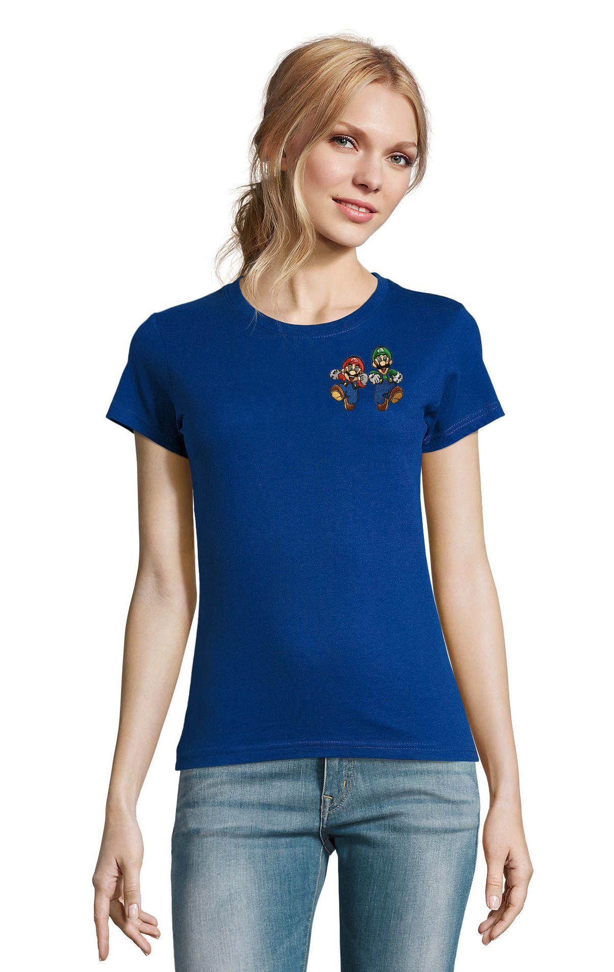 Blondie & Brownie T-Shirt Damen Mario & Luigi Brust Stick Yoshi Bowser Nintendo Gaming bestickt Blau