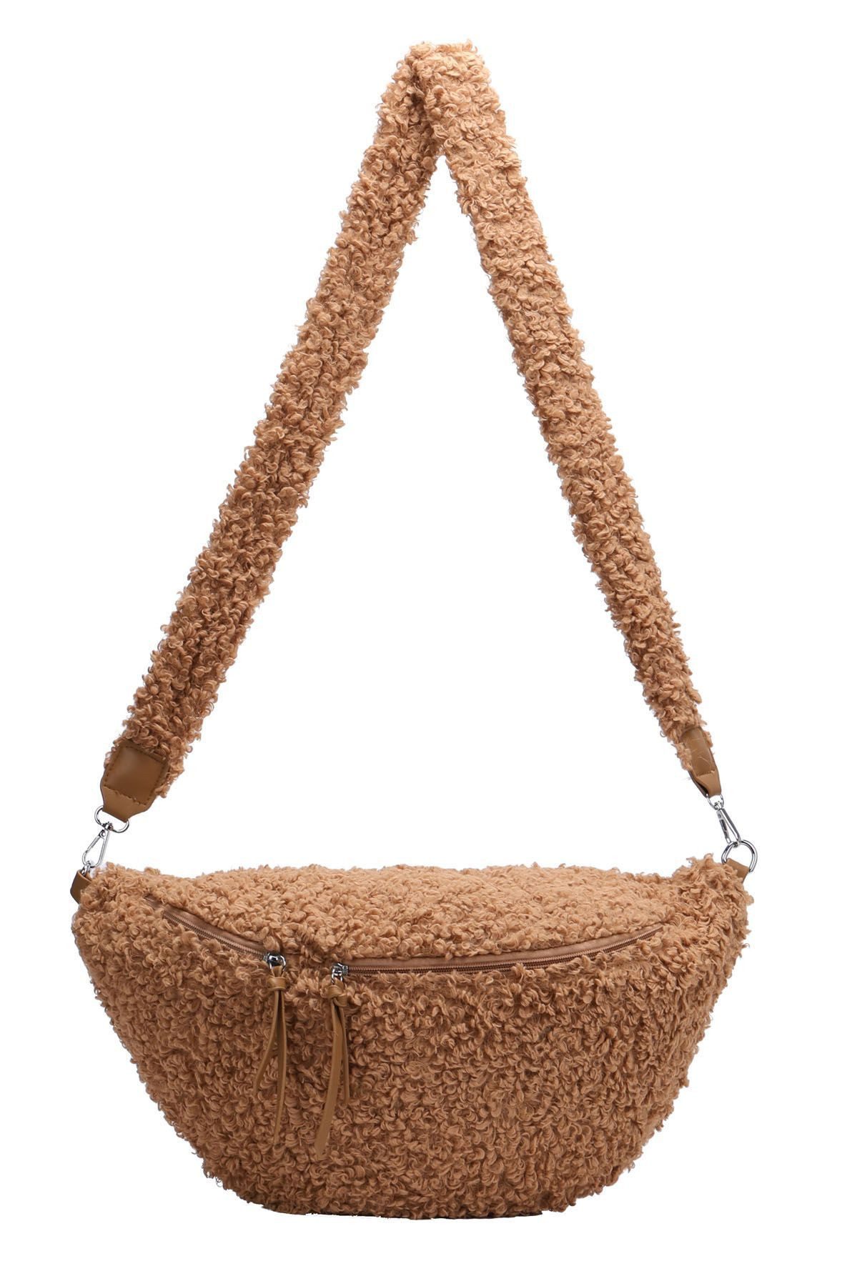 ITALYSHOP24 Schultertasche Damen XXL Teddyfell Tasche CrossBody Bauchtasche PELZTASCHE Felltasche, Body Bag Teddytasche CrossOver Umhängetasche Hüfttasche Plüsch Fell