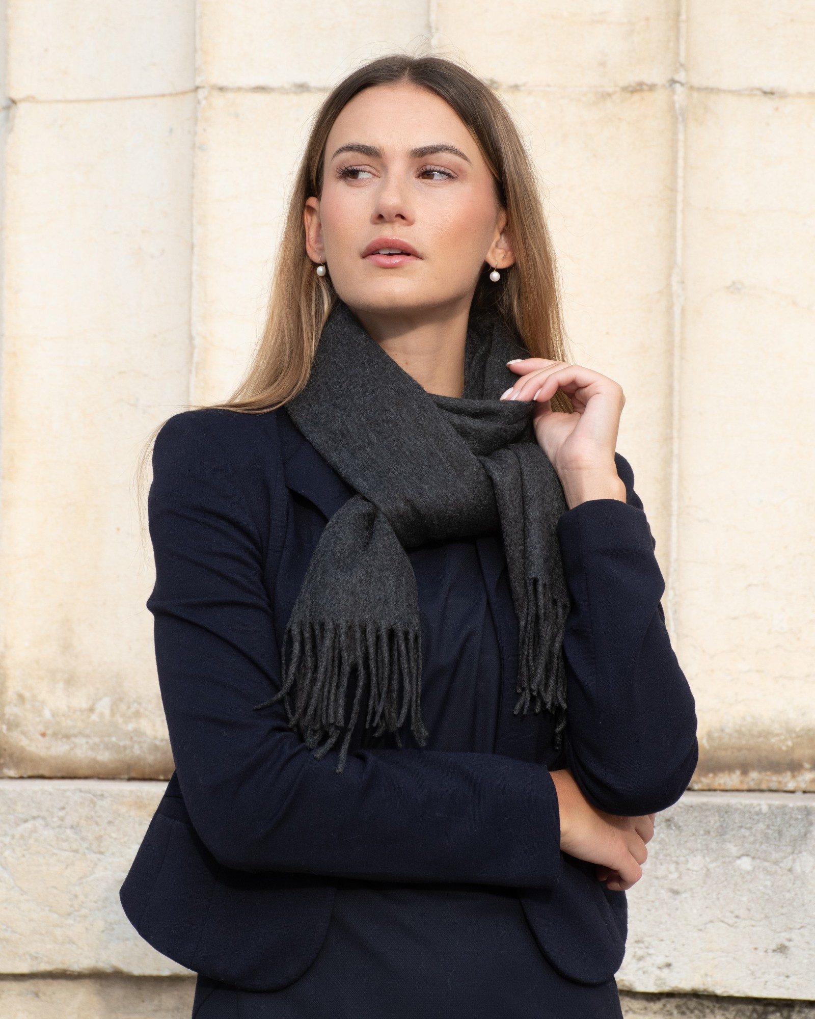 MayTree Kaschmirschal Unisex, 180 x 30cm, mit Fransen, einfarbig Kohlegrau, (Stück, 1-St), 100% Kaschmir