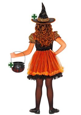 Karneval-Klamotten Hexen-Kostüm Schwarz orange Hexenkleid + Hexenhut Hexenkessel, Kinderkostüm Mädchenkostüm Halloween Kleid, Hut und Hexenkessel