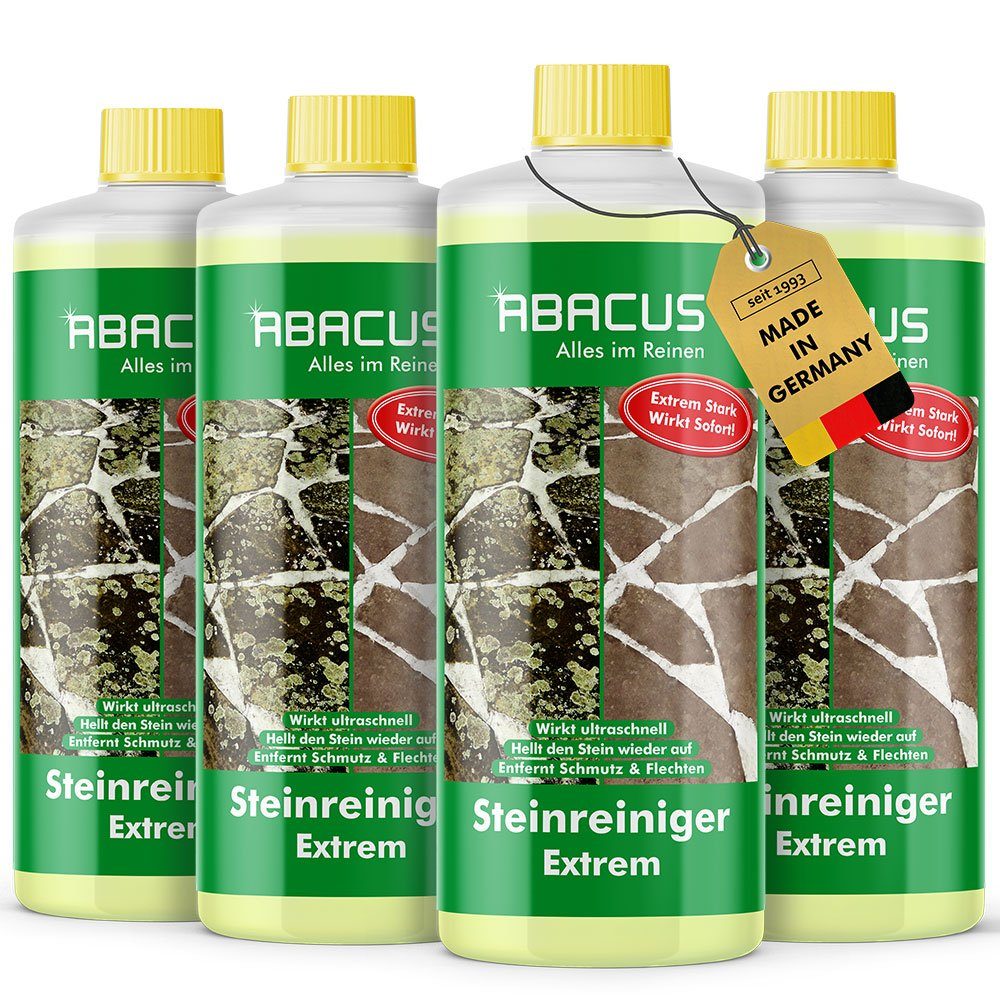 ABACUS Steinreiniger Extrem, Flechtenentferner, Steinreiniger Intensiv außen Grünbelagentferner (Entfernt sofort Algen, Schmutz Grünbeleg und Flechten, [- 4x1000ml Steinreiniger Extrem mit Sofortwirkung)