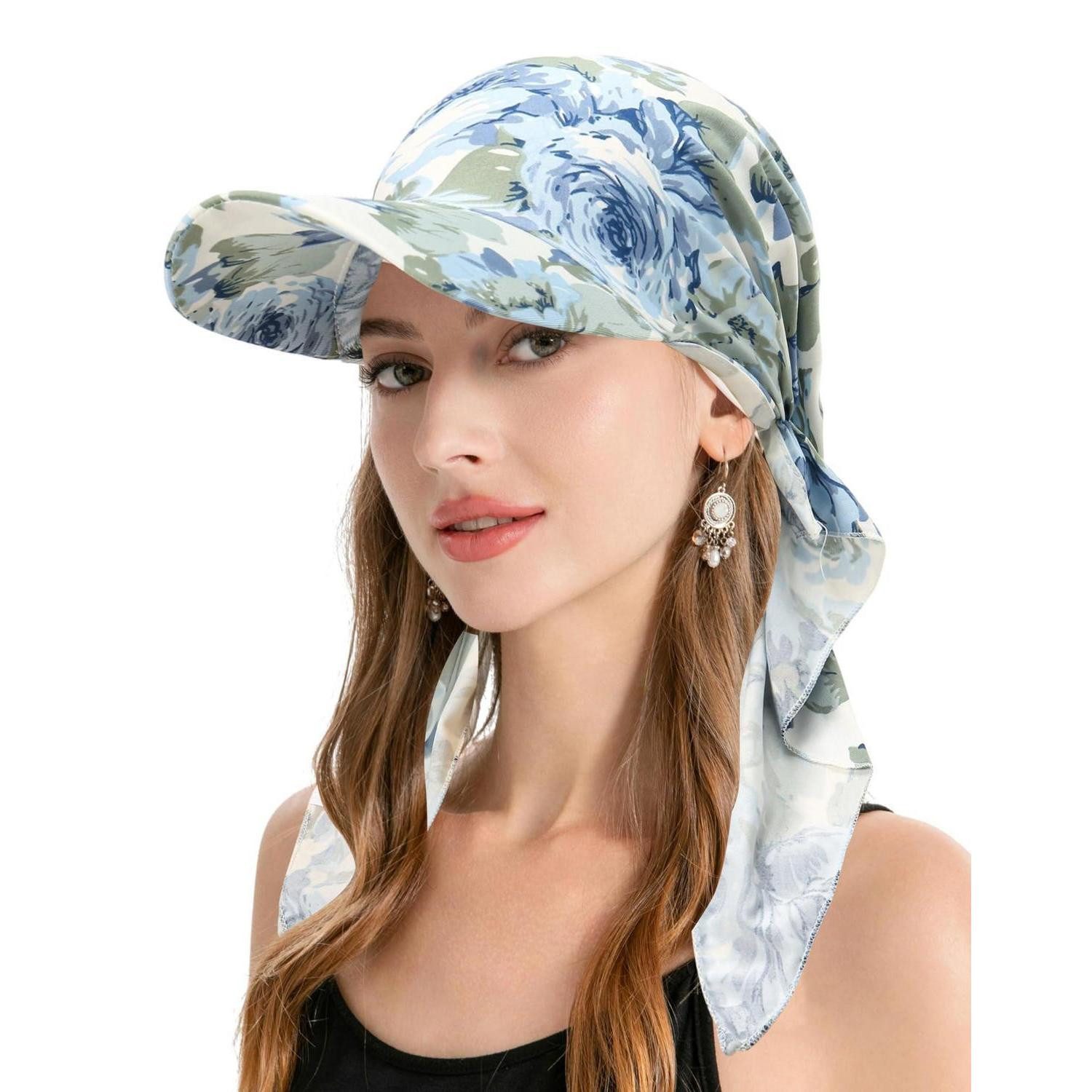 LuxusKollektion Turbanmütze Chemo Kopfbedeckung Damen Mütze Beanie Krempe Visier Blaue Rose Weiß