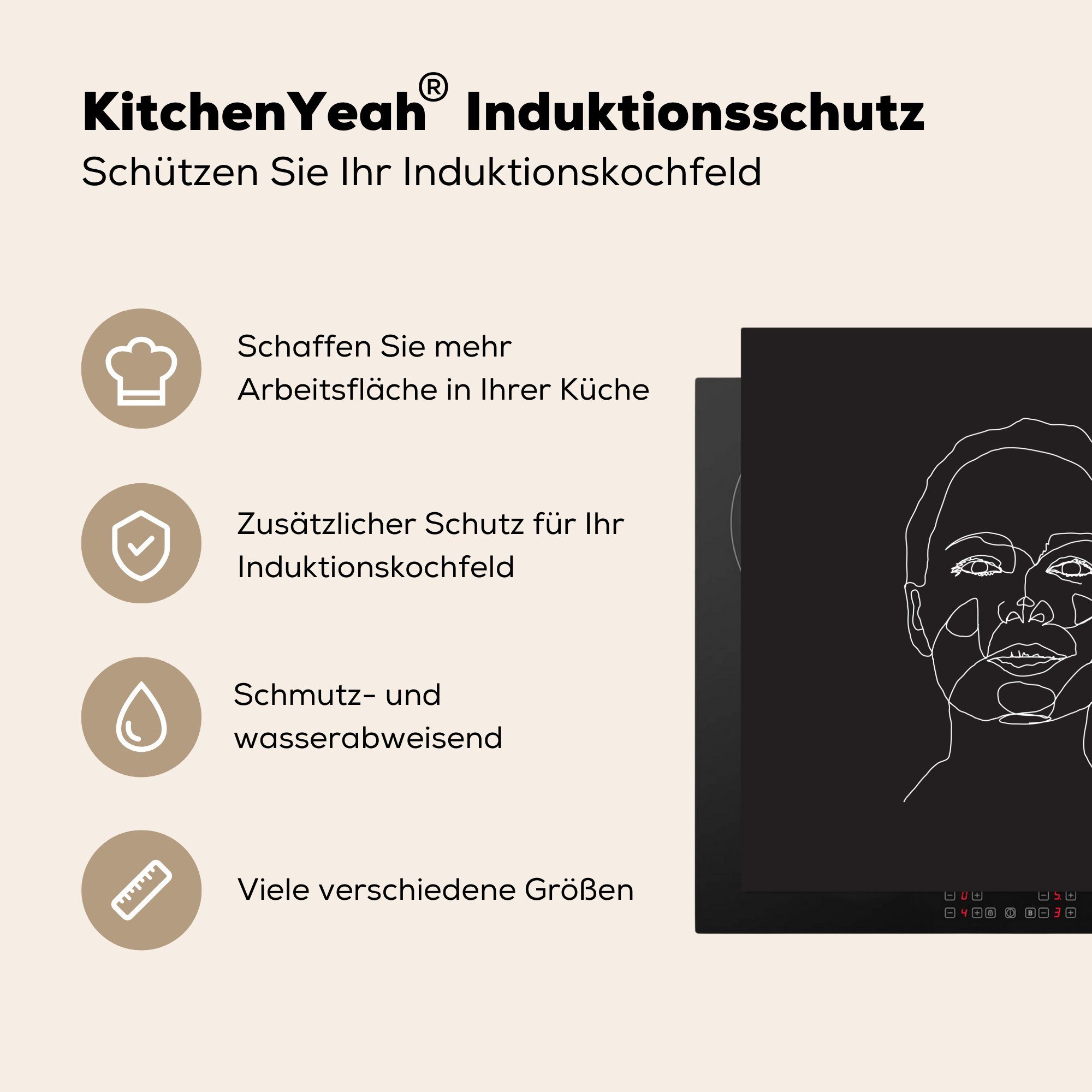 Vinyl, Arbeitsplatte Porträt, küche Strichzeichnungen MuchoWow - (1 Ceranfeldabdeckung, Herdblende-/Abdeckplatte für - 78x78 cm, Frauen tlg),