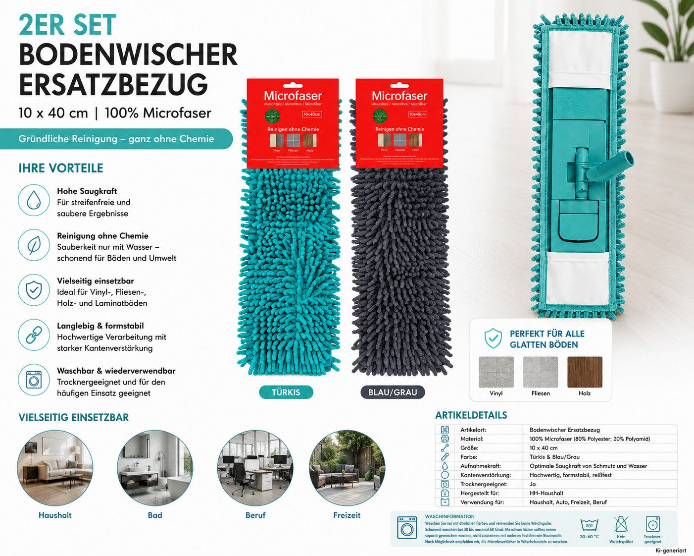 HH-Haushalt Reinigungs-Set Bodenwischer Ersatzbezug 2er Set (Türkis und Blau) 10x40cm alle Böden