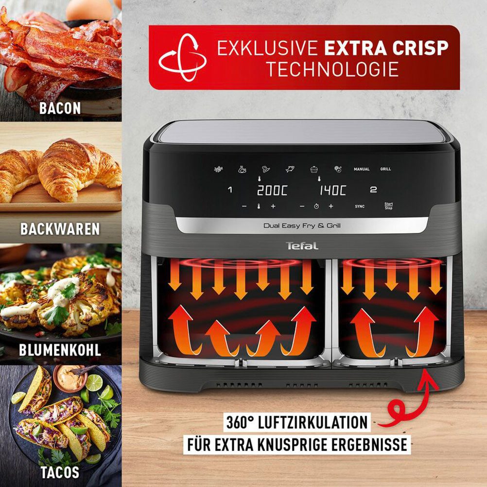 Tefal Heißluftfritteuse Dual Easy Fry & Grill EY905B, knusprig und gesünder kochen, 8 voreingestellte Programme, 2700 W, Doppelkammer, inkl. Grillplatten – Bild 5 von 5
