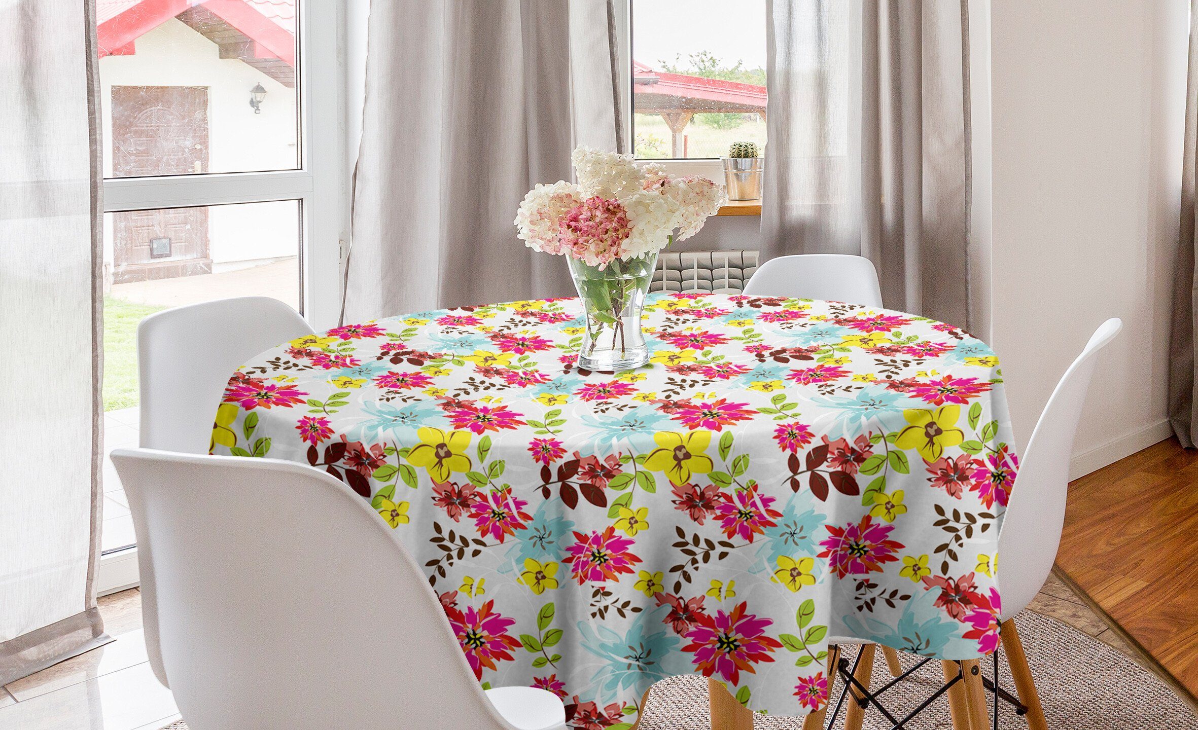 Sommer-Blüten-Kunst Tischdecke Tischdecke Bunter Kreis Abdeckung Blumen Küche Dekoration, für Esszimmer Abakuhaus