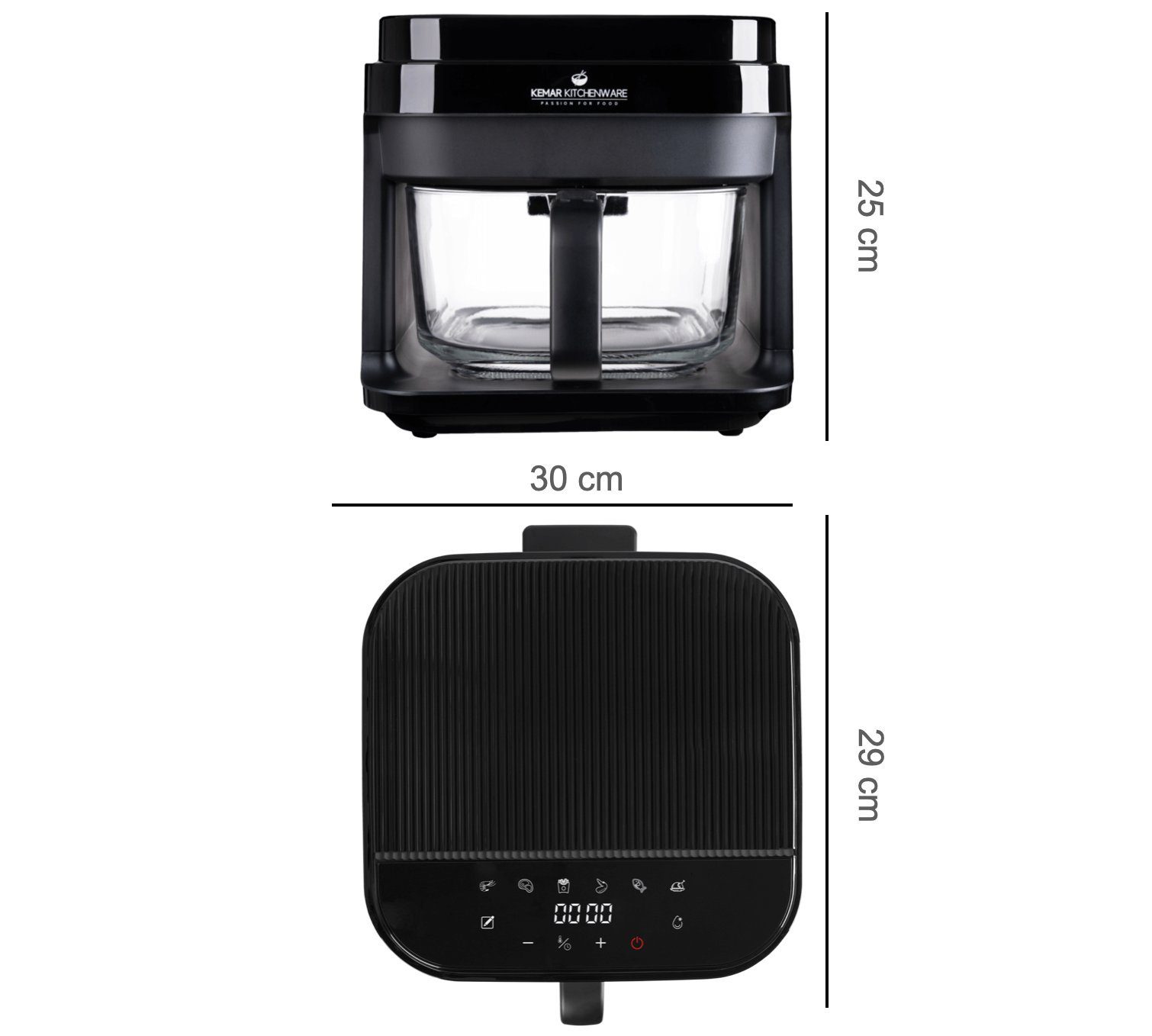 KeMar Kitchenware Heißluftfritteuse, 1200,00 W, Glasbehälter, Edelstahleinsatz, ohne Beschichtung, Zange, Silkonmatte