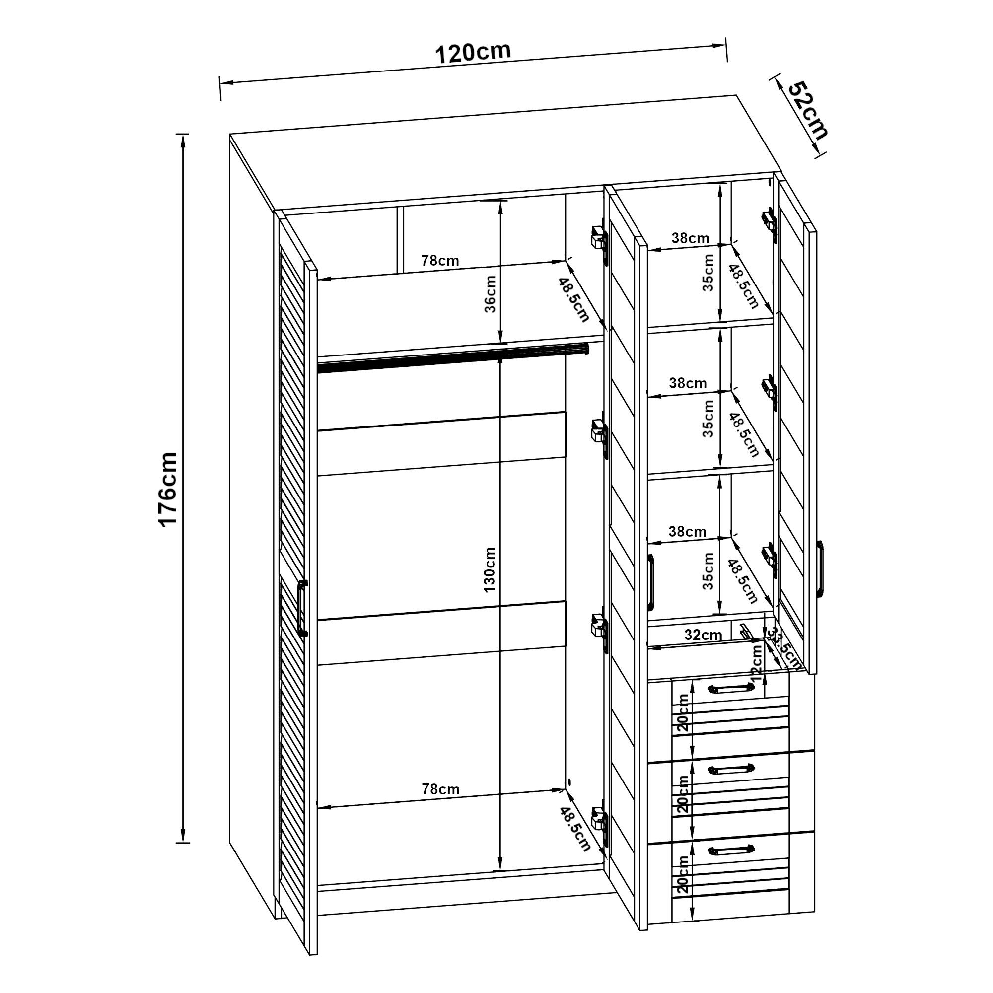 en.casa Kleiderschrank »Finning« 1 Stange, 4 Fächer, 3 Schubladen 176x120x52 cm Weiß – Bild 4 von 5