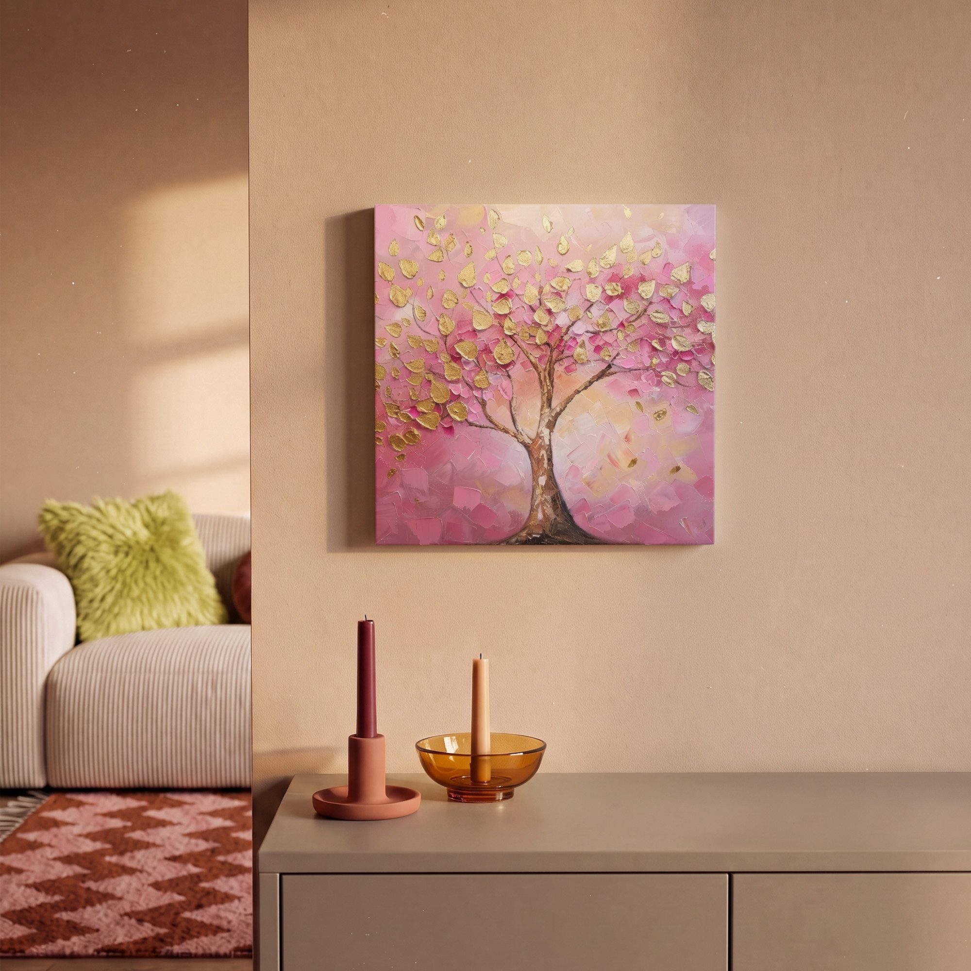 OneMillionCanvasses® Leinwandbild Baum - Rosa - Gold - Modern, Fotodruck (1 St), Leinwand Canvas Wandbild, Wanddekoration 20x30 cm – Bild 2 von 5