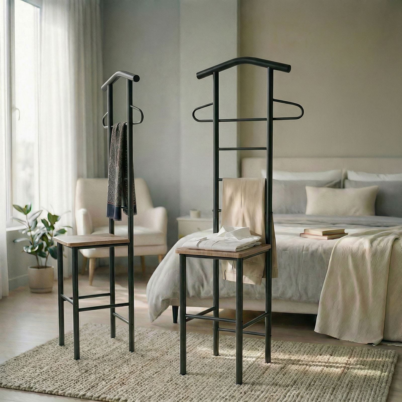 CARO-Möbel Herrendiener JIVO, Stummer Diener 2er Set mit Hosenbügel Kleiderablage schwarz/eiche