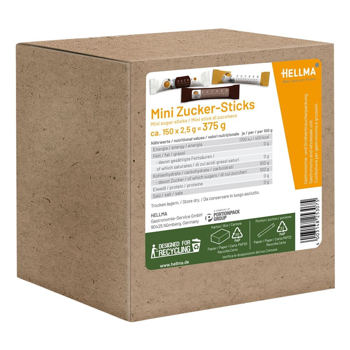 Hellma Zucker Mini Zucker-Sticks, 150x 2,5 g