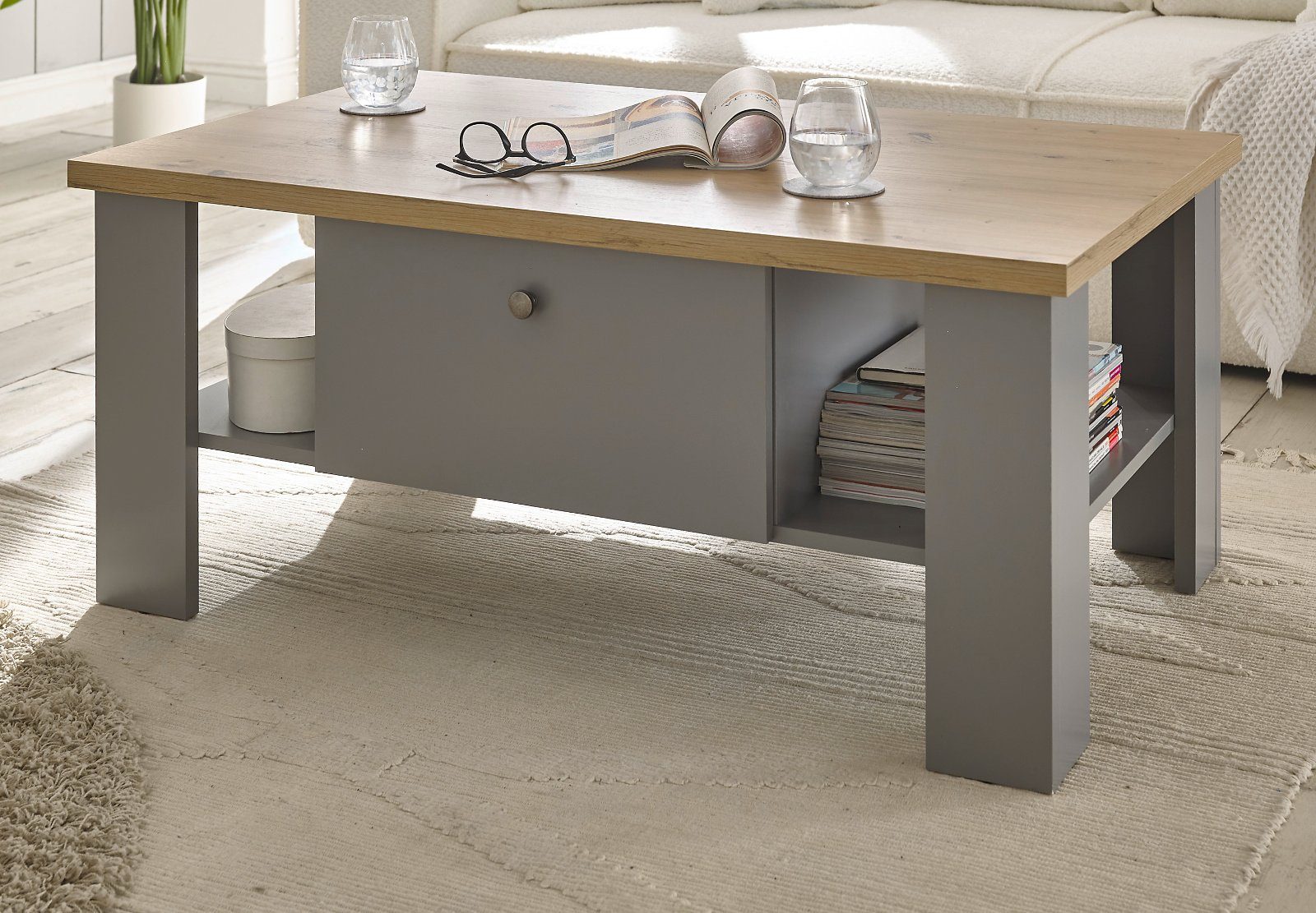 Furn.Design Couchtisch Rideau (Wohnzimmertisch in grau und Eiche Artisan, 109 x 69 cm), mit Schubladen und Ablagen, Landhausstil modern