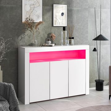 Gotagee Sideboard Hochglänzende Weiß Sideboard-Vitrine LED Beistellschrank Schließfach