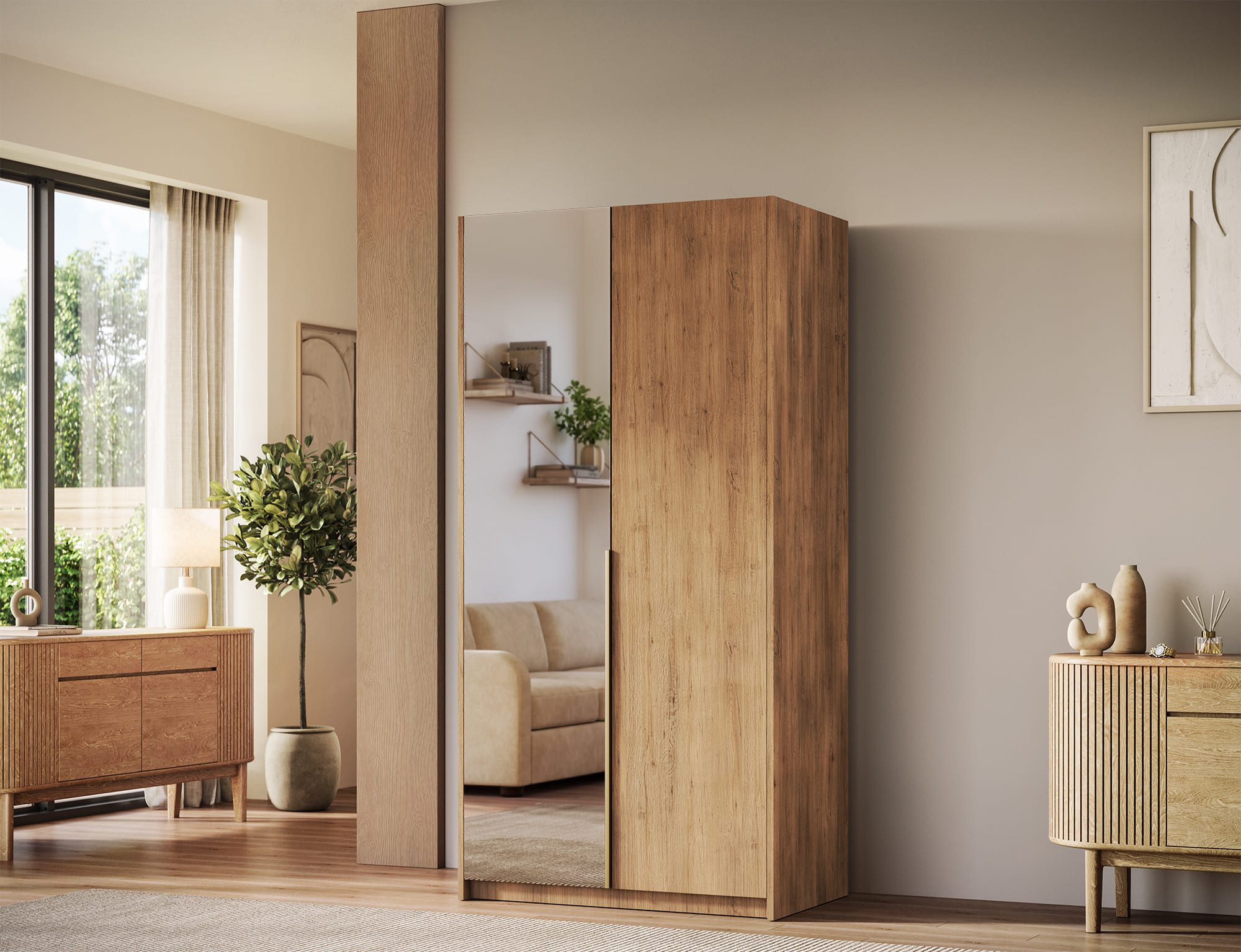 MOEBLO Drehtürenschrank Lunaro II (moderner Kleiderschrank 2-türig Schrank Garderobe Schlafzimmer, 100 cm, mit Spiegel Drehtüren Weiß Kaschmir Artisan Gold Griffe optional mit Aufsatz) (BxHxT): 100 x 204 x 58 cm