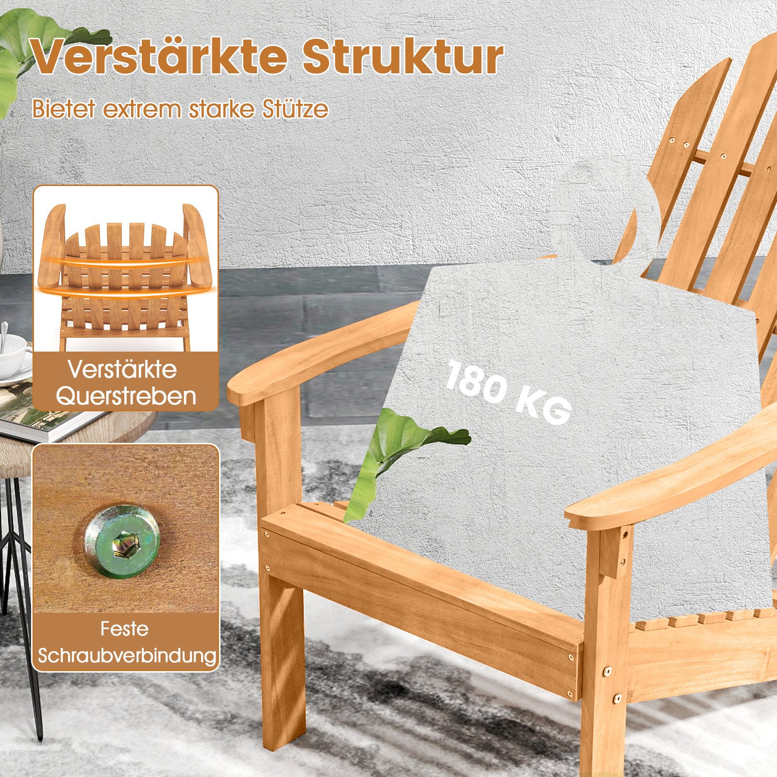 COSTWAY Gartenstuhl, Mit geneigtem Sitz & hoher Rückenlehne, bis 180 kg