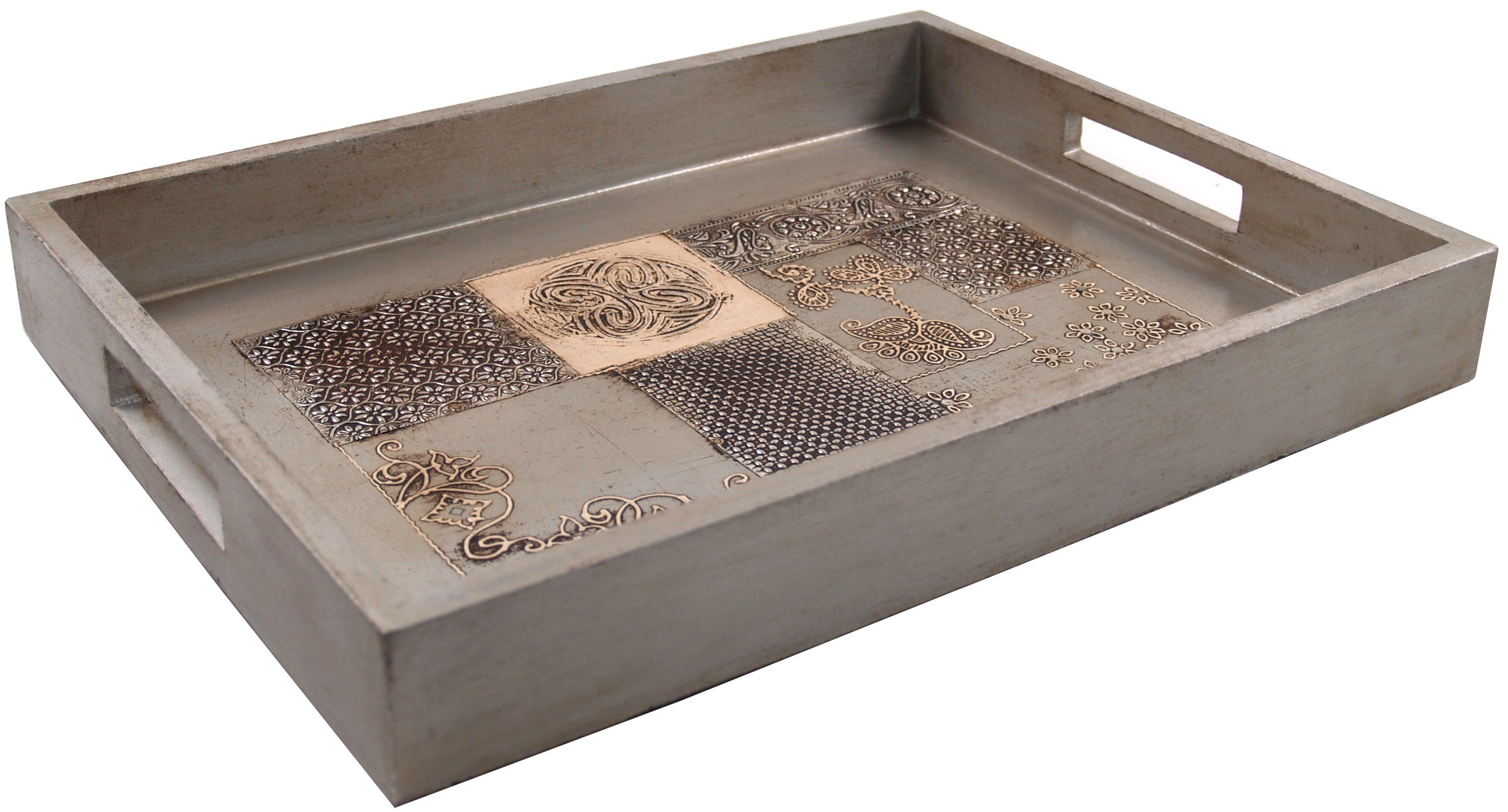 Guru-Shop Dekotablett Holztablett mit Patchwork Muster - Modell 3