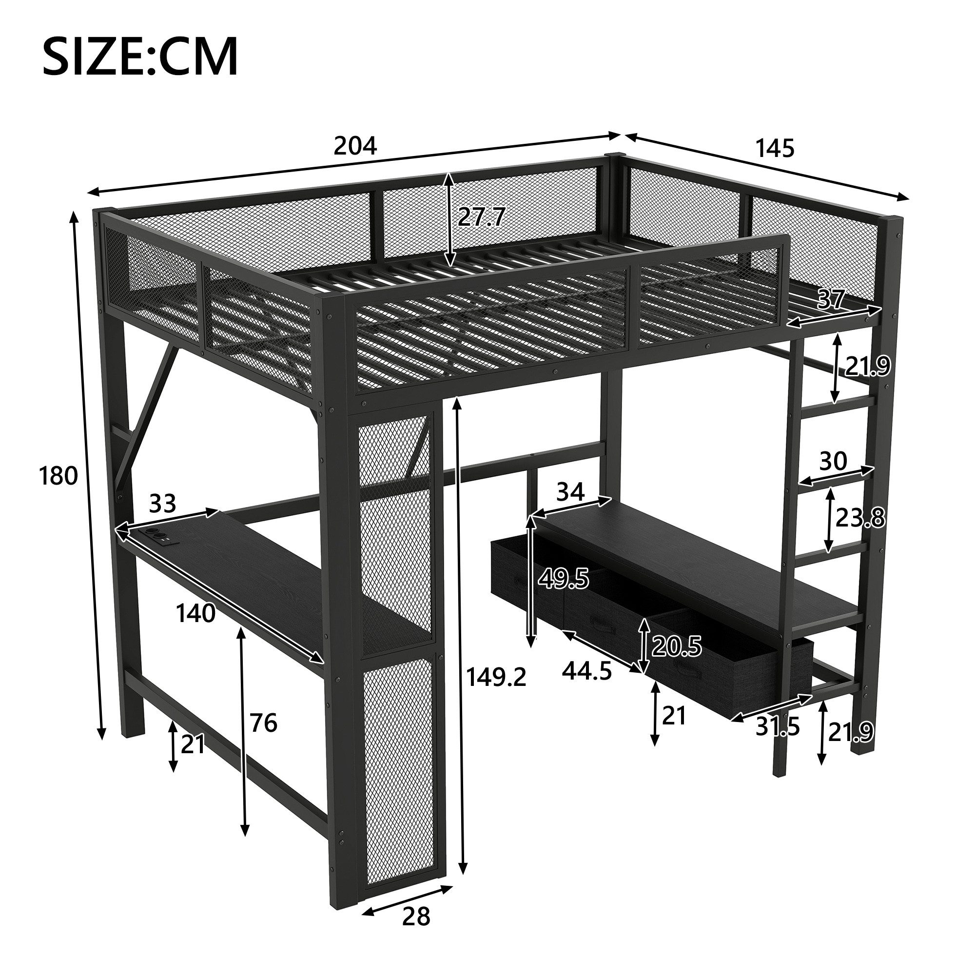 Merax Hochbett 140x200cm mit LED-Beleuchtung und USB (1-St., Etagenbett Jugendbett Einzelbett) Metallbett mit Schreibtisch, offenem Kleiderschrank und 3 Schubla – Bild 5 von 5