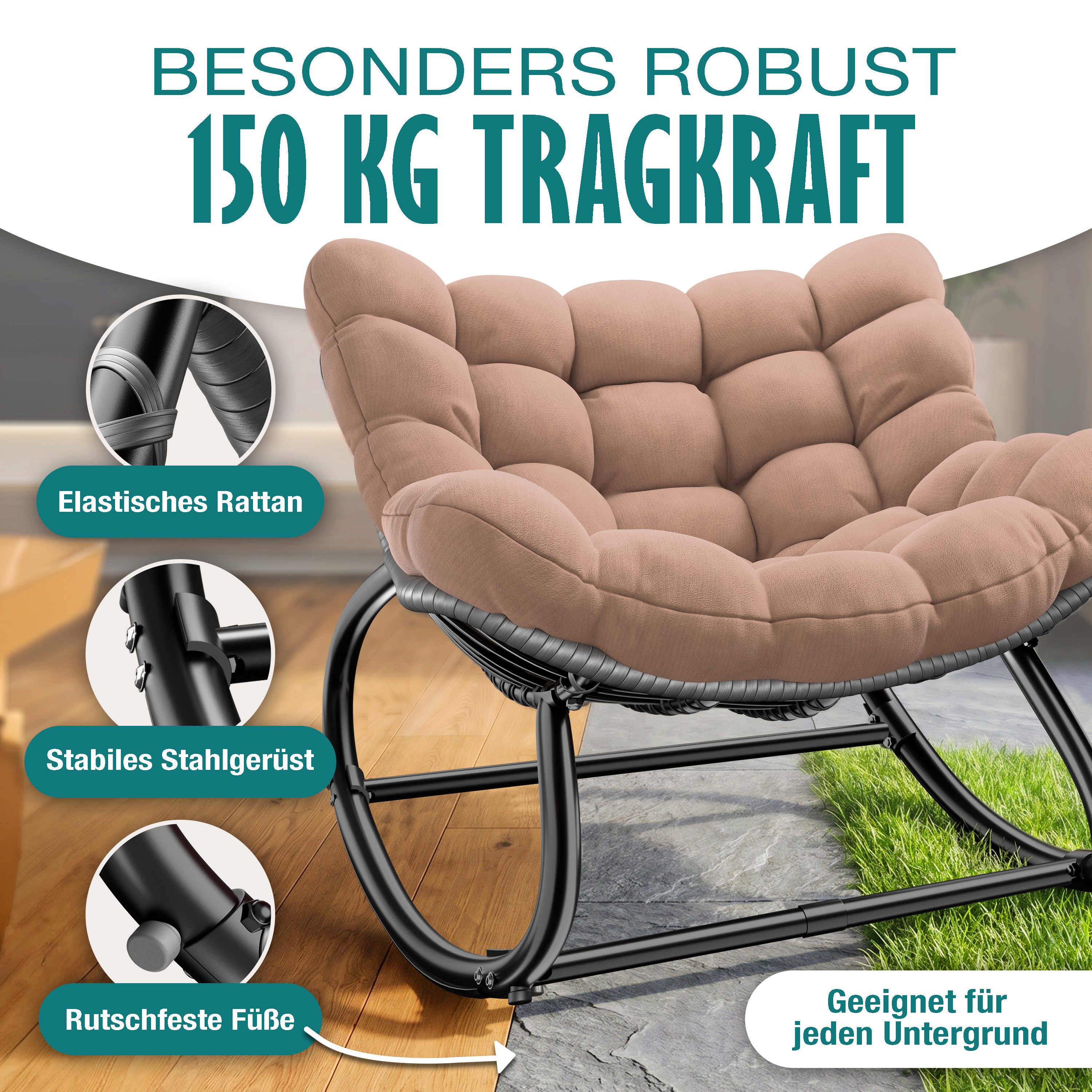 KESSER Schaukelstuhl (maximale Belastung 120kg, witterungsbeständig & mit rutschfesten Füßen), Loungesessel ergonomisches Relaxsessel für Balkon, Garten & Wohnz – Bild 5 von 5