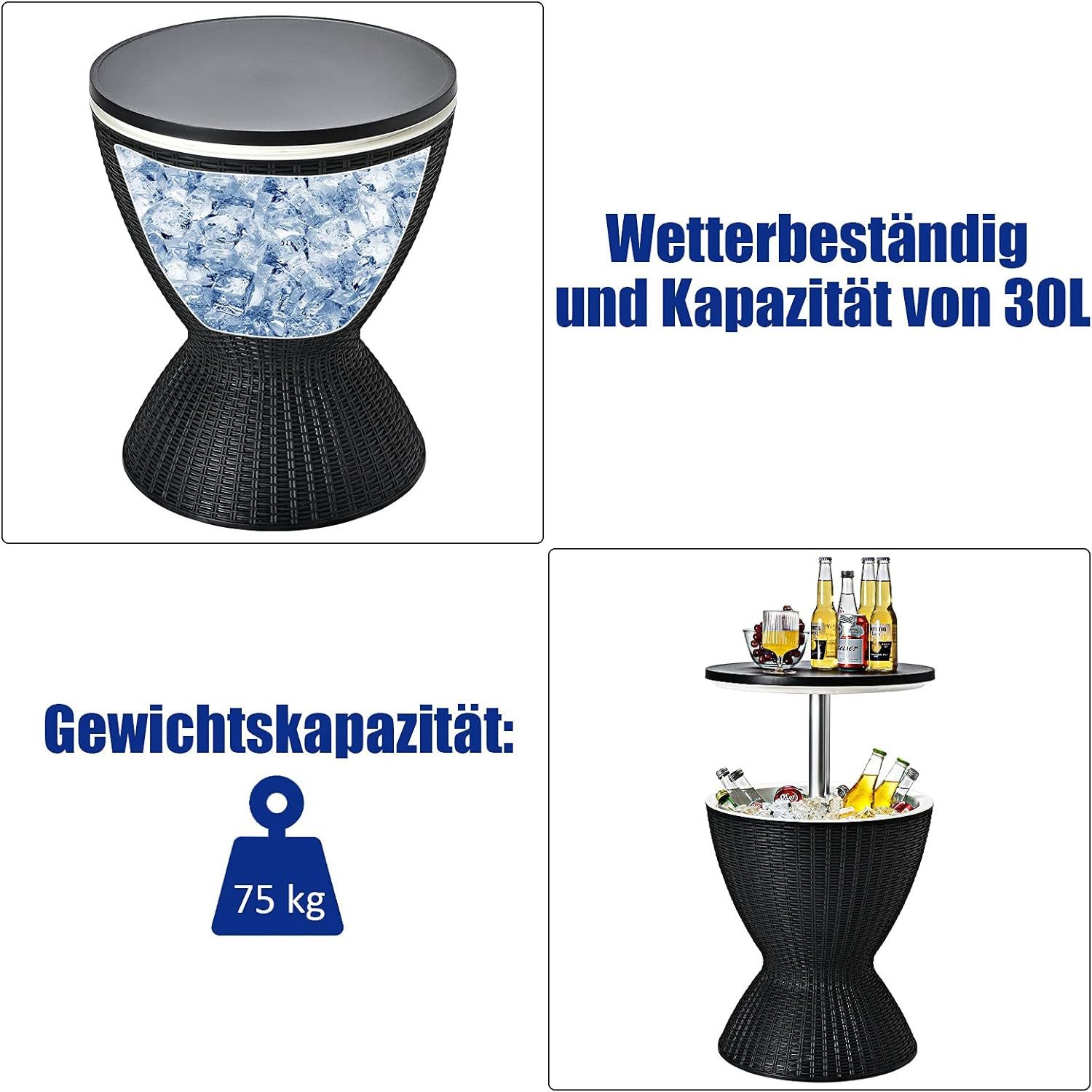 COSTWAY Gartentisch, Cool Bar höhenverstellbar, abnehmbar Deckel, bis 75kg