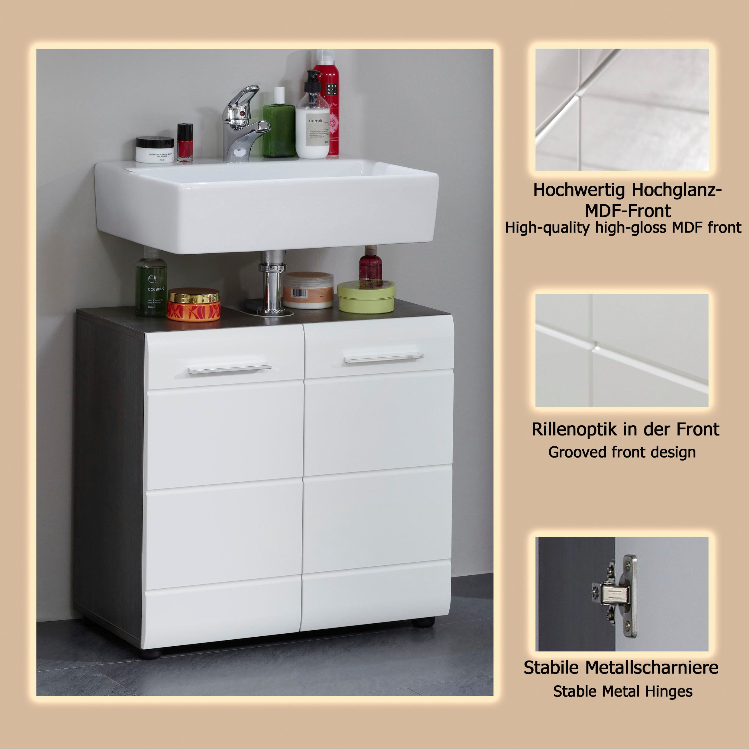 welltime Waschbeckenunterschrank Sovana Waschbeckenunterschrank mit 2 Türen - (B/T/H) 60/31/57 cm