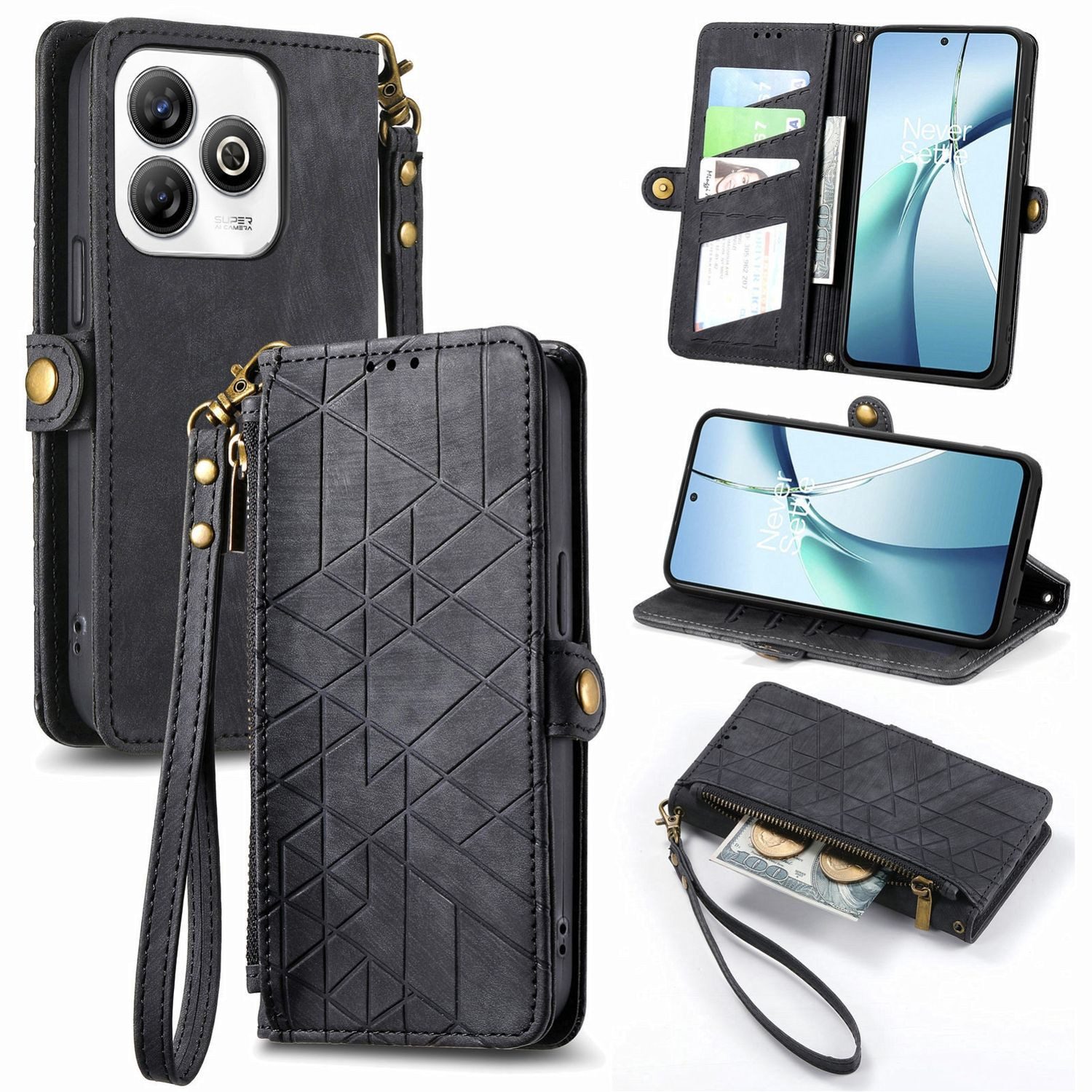 Wigento Handyhülle Für ZTE Blade A75 4G Design Kunstleder Zipper Wallet Tasche Schwarz, Kartenfächer, Reißverschlussfach, Standfunktion