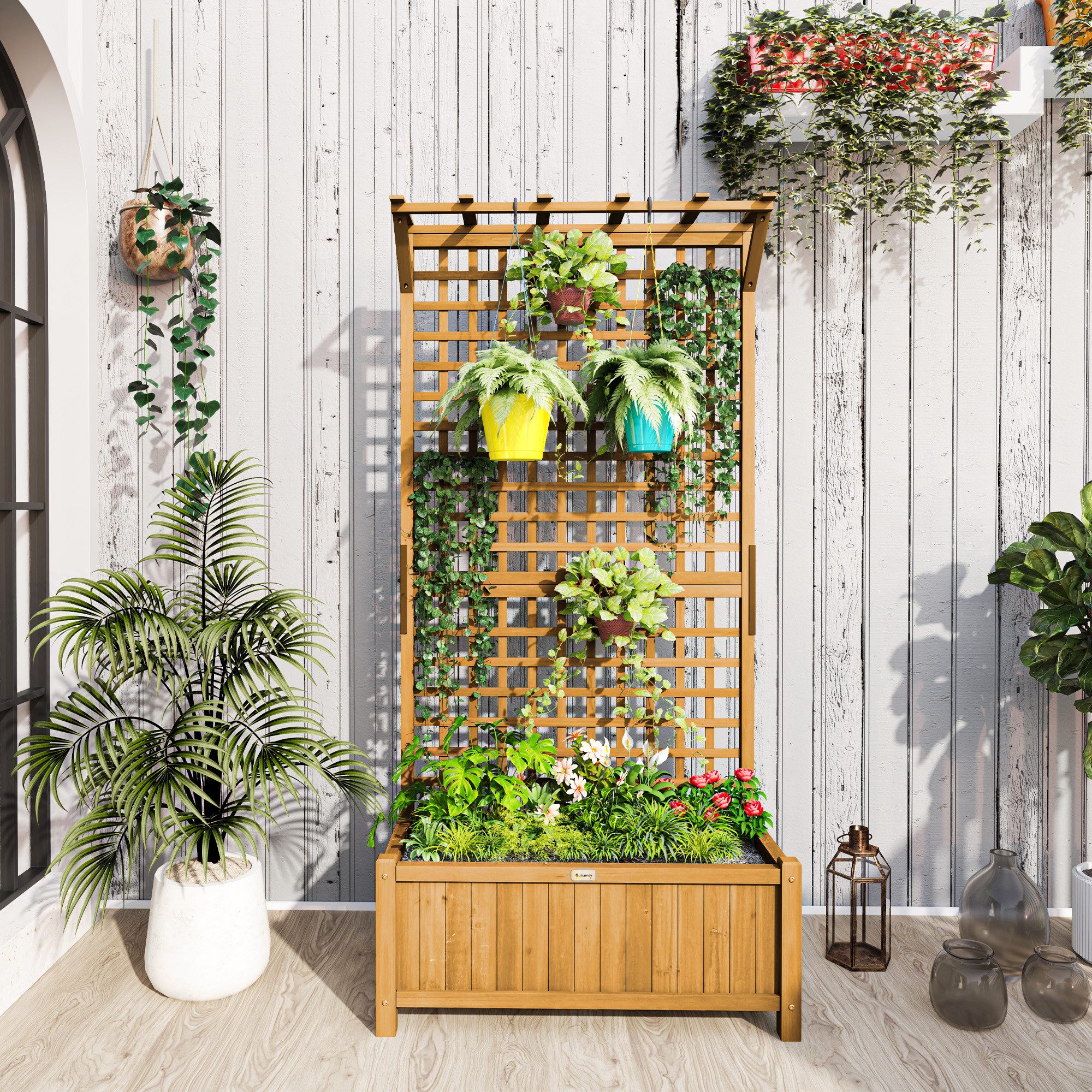 Outsunny Hochbeet mit Rankgitter, aus Holz (Pflanzkasten, 1 St., Gemüsebeet), für Garten Balkon Terrasse, für Kletterpflanzen Korbpflanzen, Blumen