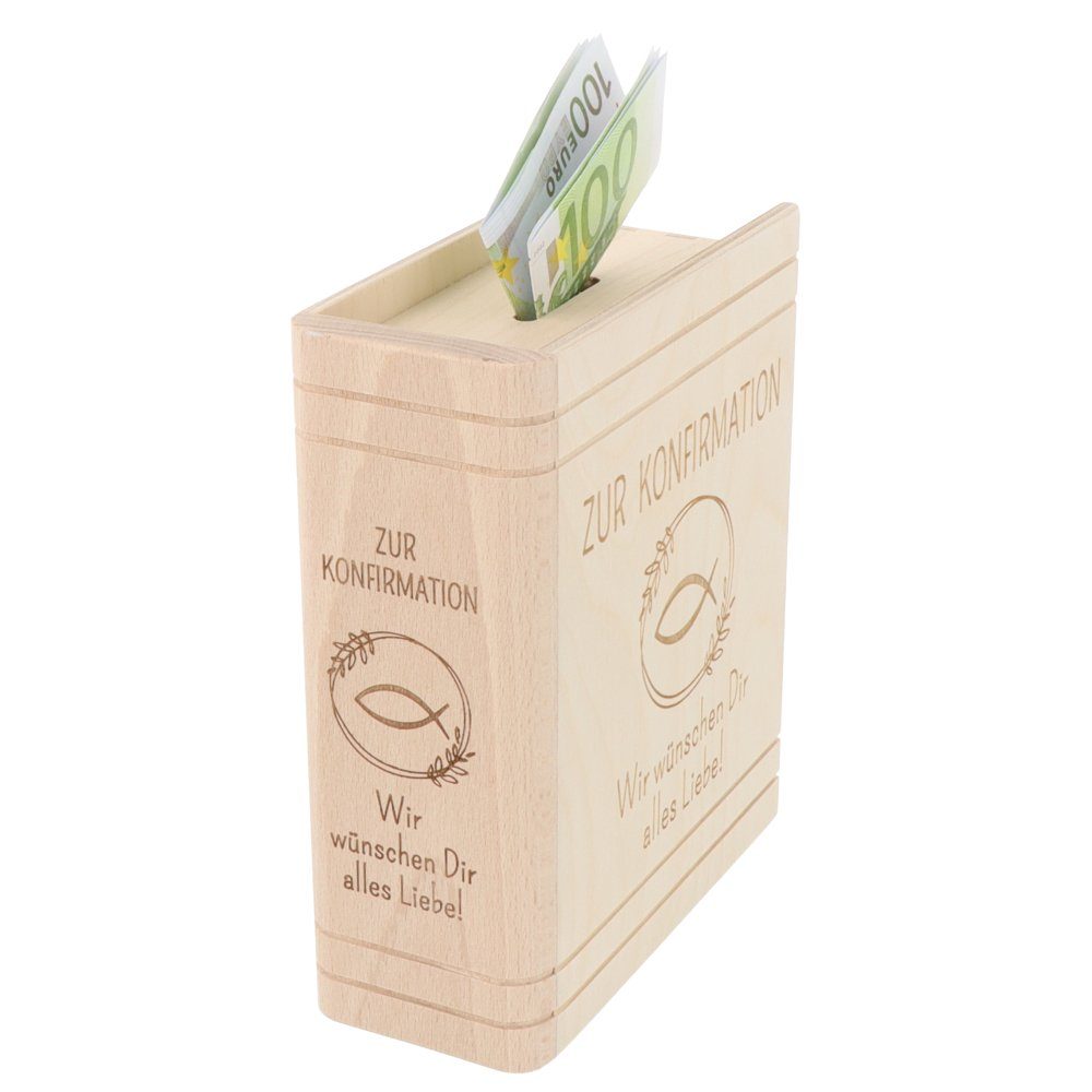 Spruchreif® Spardose mit Holz (Zur mit zur Bibel Gravur (1-tlg) Sparbüchse & Konfirmation), Schloss Kommunion Fisch Motiv · · Buch-Optik aus in · Konfirmation Geschenk Spardose