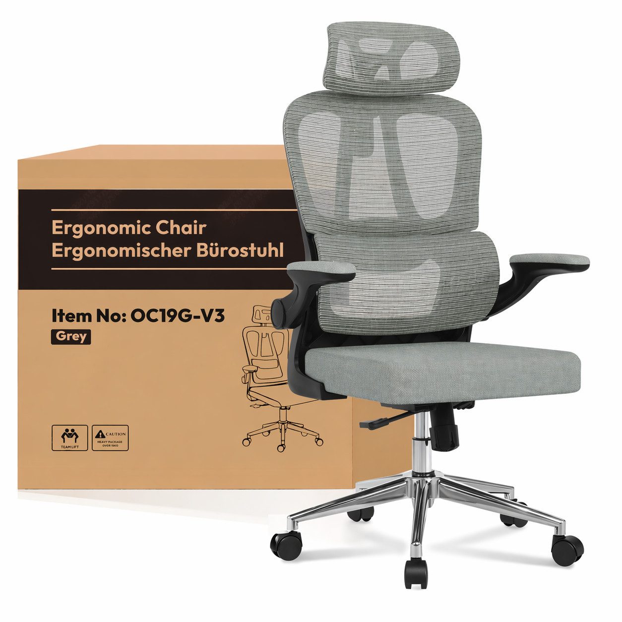 FLEXISPOT Bürostuhl Ergonomischer Schreibtischstuhl (mit 2D-Kopfstütze, Klappbare Armlehnen & Dynamische Lendenstütze), Stuhl mit 120° Wippfunktion für Homeoffice, Arbeitszimmer, Büro