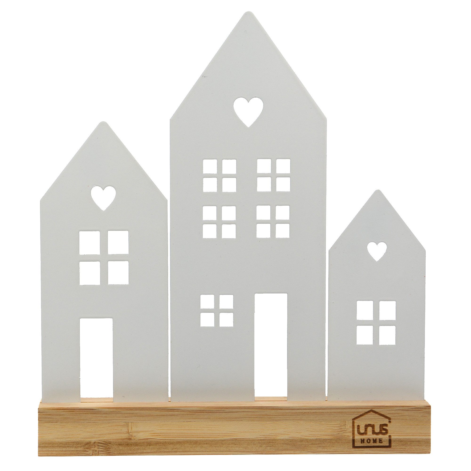 UNUS HOME Dekofigur Aufsteller Häuser Stadt (3 Häuser, weiß), Häuser-Silhouette aus Metall und Bambus-Holz Wohndekoration