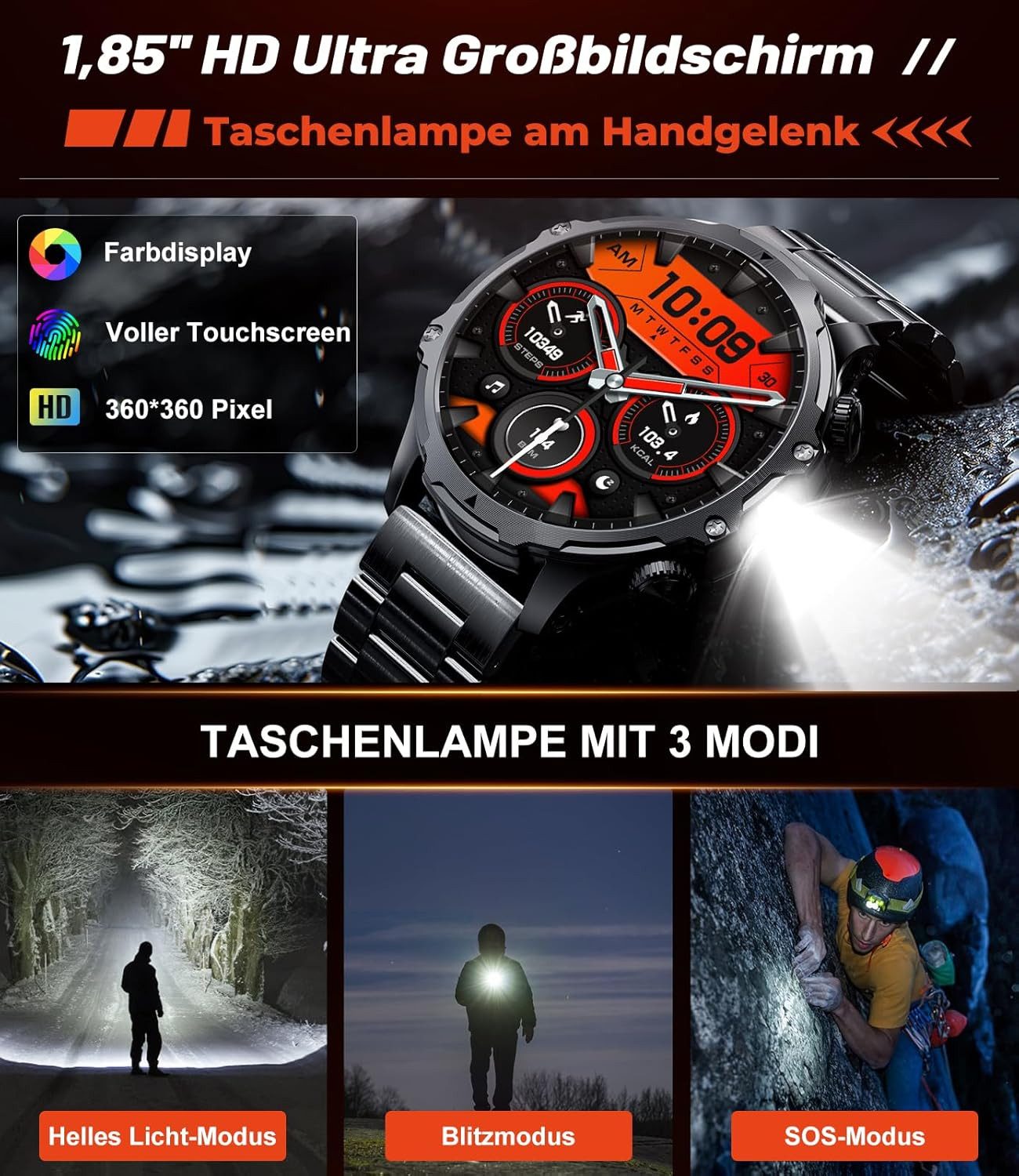 Zevelora Herren Militär 800mAh Akku HD-Display IP68 Wasserdicht Fitness-Tracker Smartwatch (1,85 Zoll, Android/iOS), Fitnessuhr mit SpO2/Herzfrequenz,Schlafmonitor für Android/iOS
