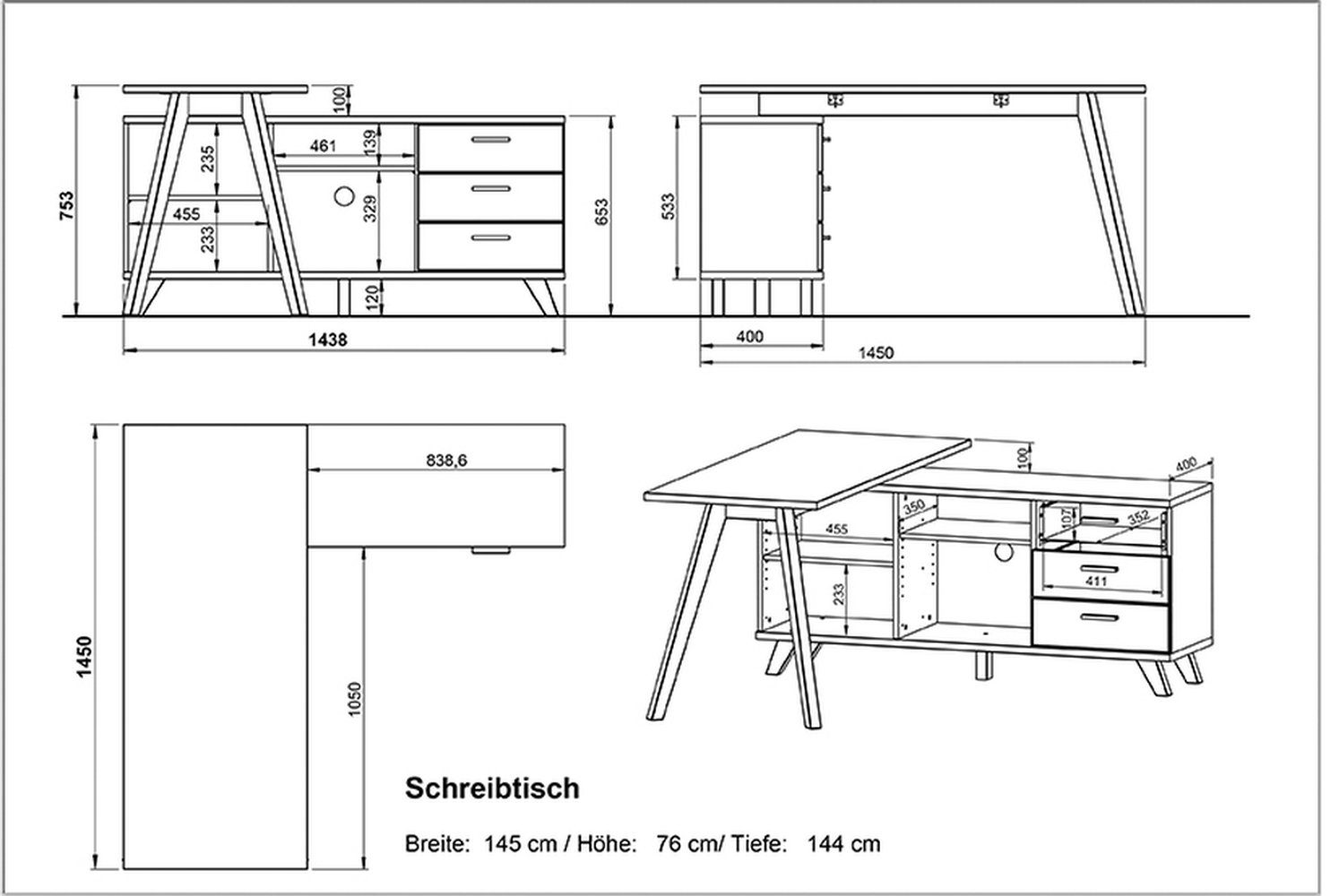 in möbelando (BxHxT: weiss, braun 3 Schreibtisch cm), 396 Schubladen mit 144x75x145