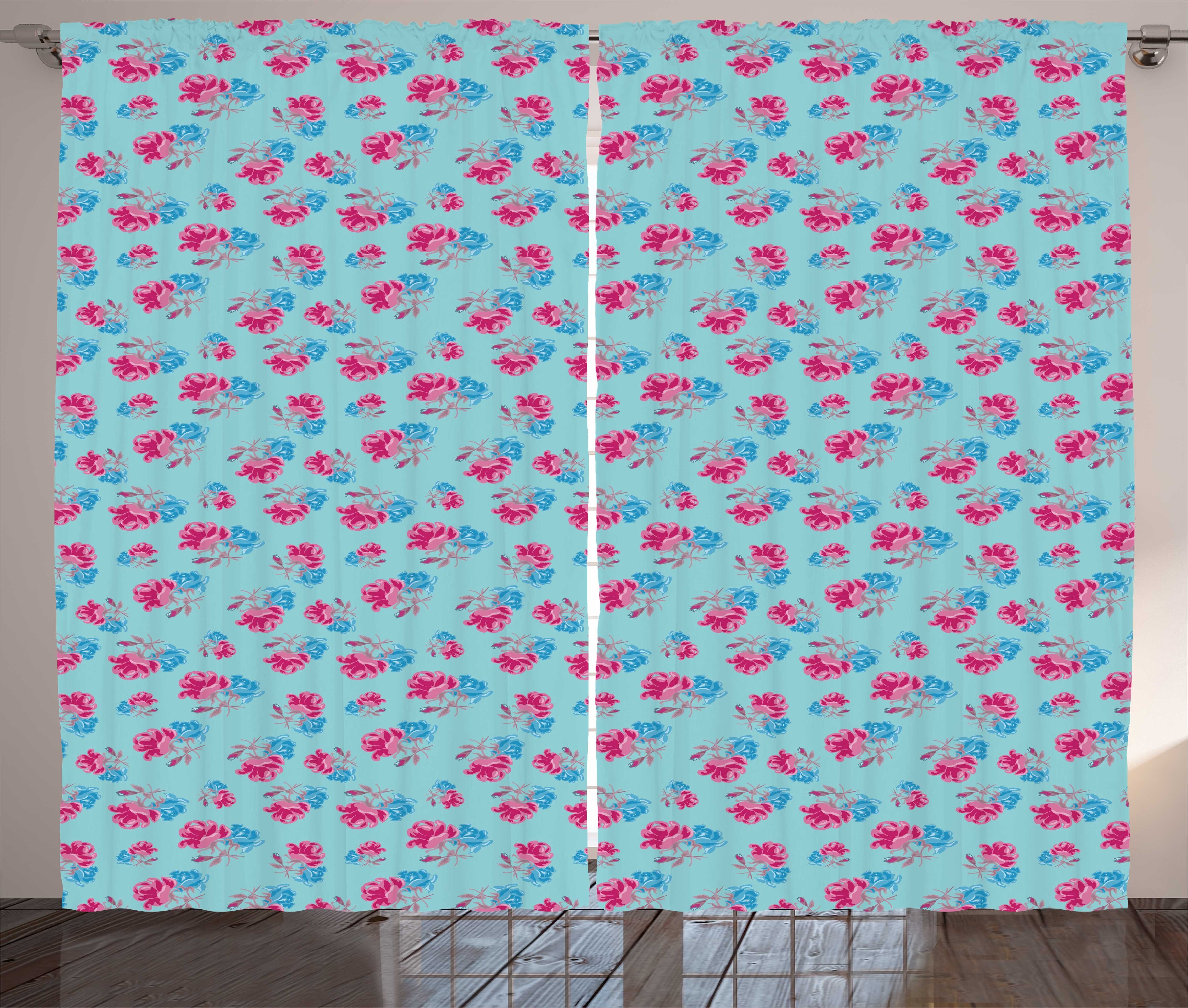 Bicolor und Haken, Kräuselband Vorhang Gardine Schlafzimmer Abakuhaus, Und Sommer-Rosen Pink Blau Schlaufen mit