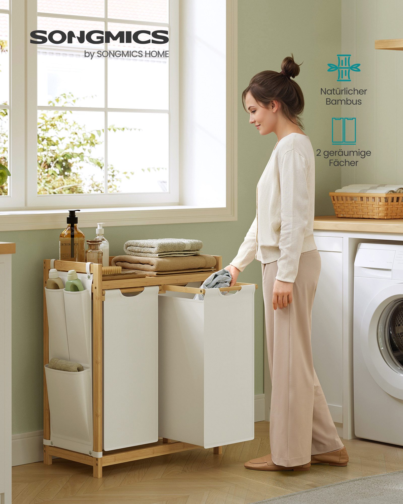 SONGMICS Wäschekorb, 2/3/4 Fächer, Bambus, Wäschesammler 100/150/200 L, Wäs günstig online kaufen