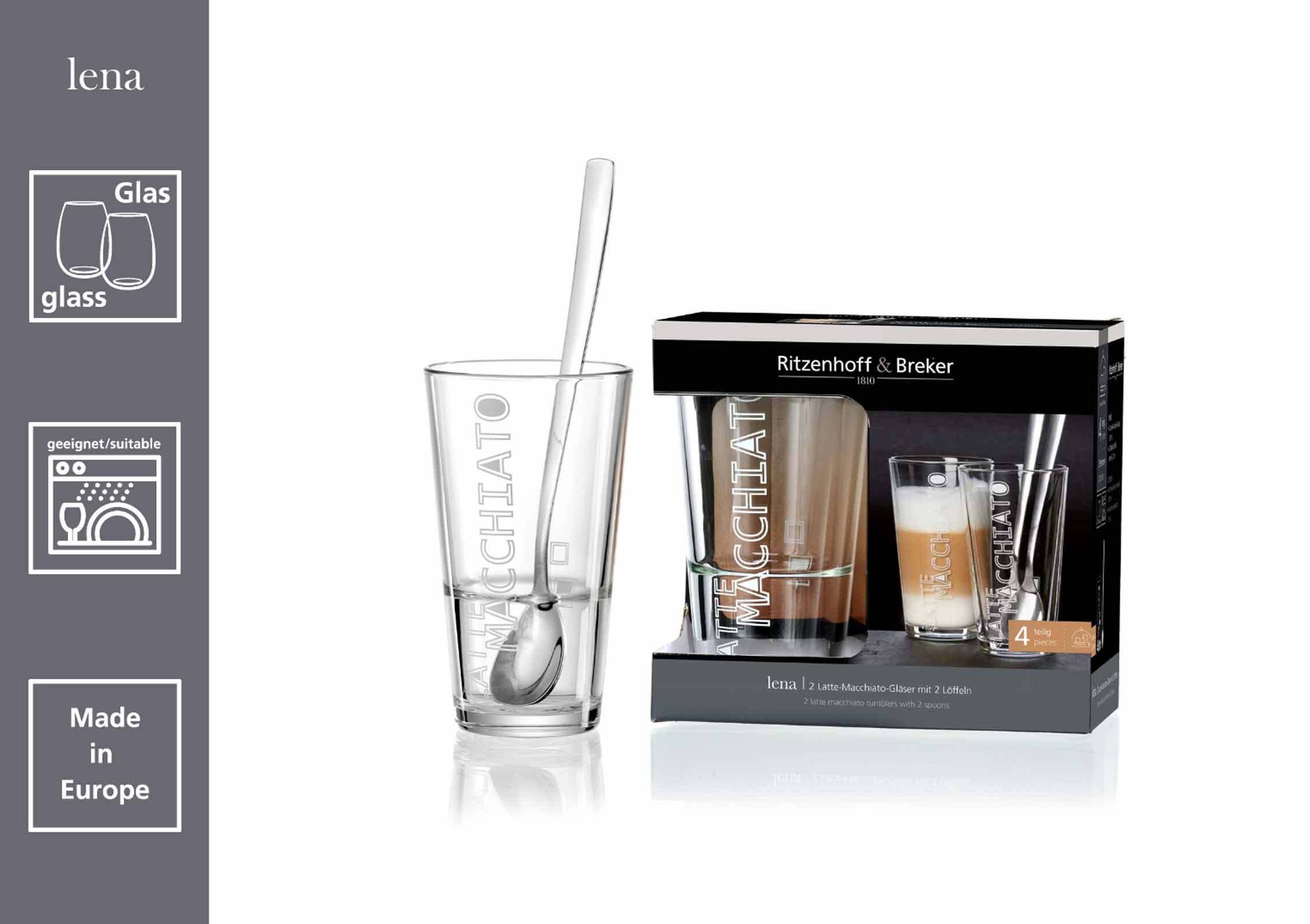 Ritzenhoff & Breker Latte-Macchiato-Glas Lena Latte Macchiato Gläser + Löffel 350 ml, 2-tlg., Glas