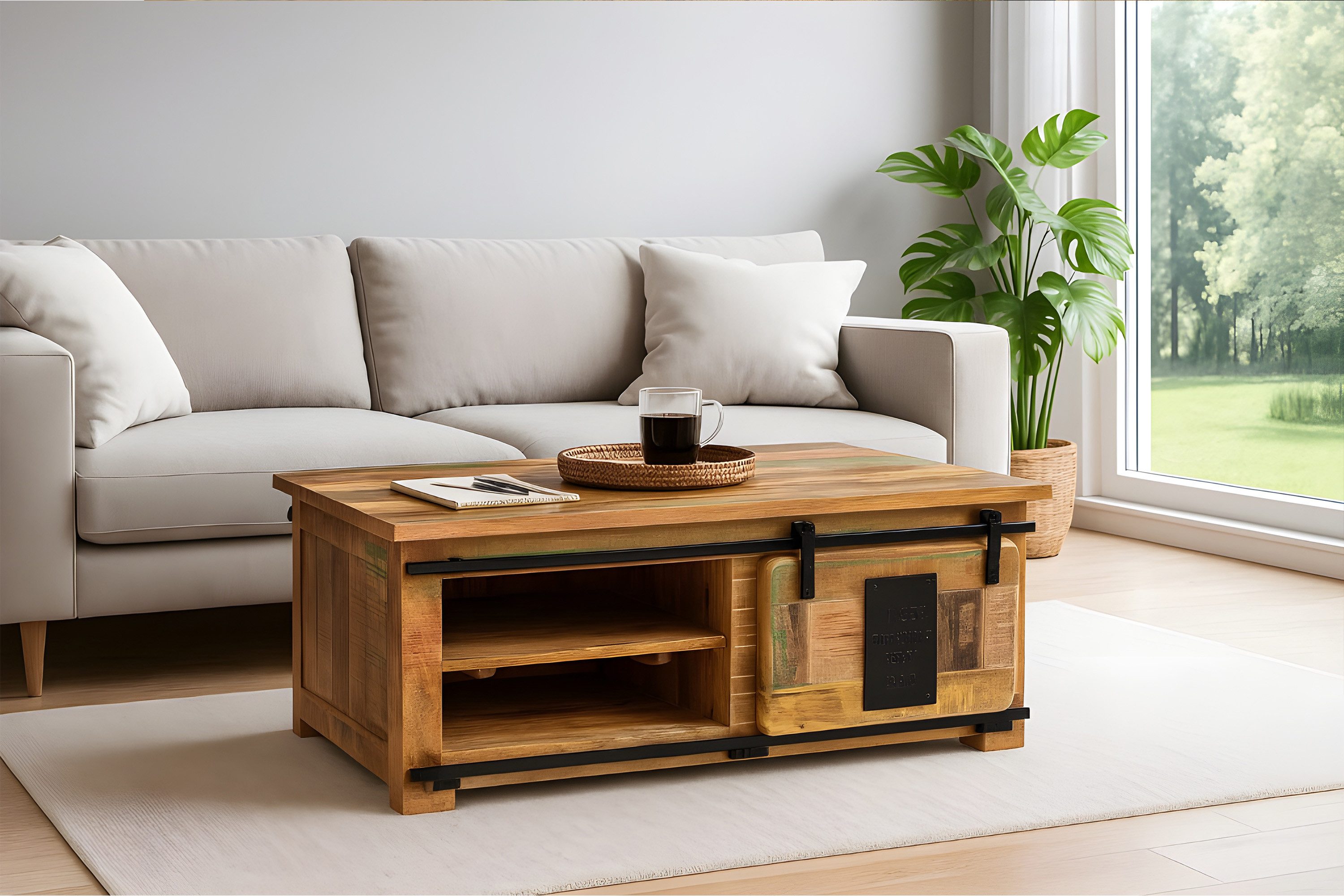 SAM® Couchtisch Gia, massives Mangoholz, mit Ablagefläche, Schiebetür, Metallschiene