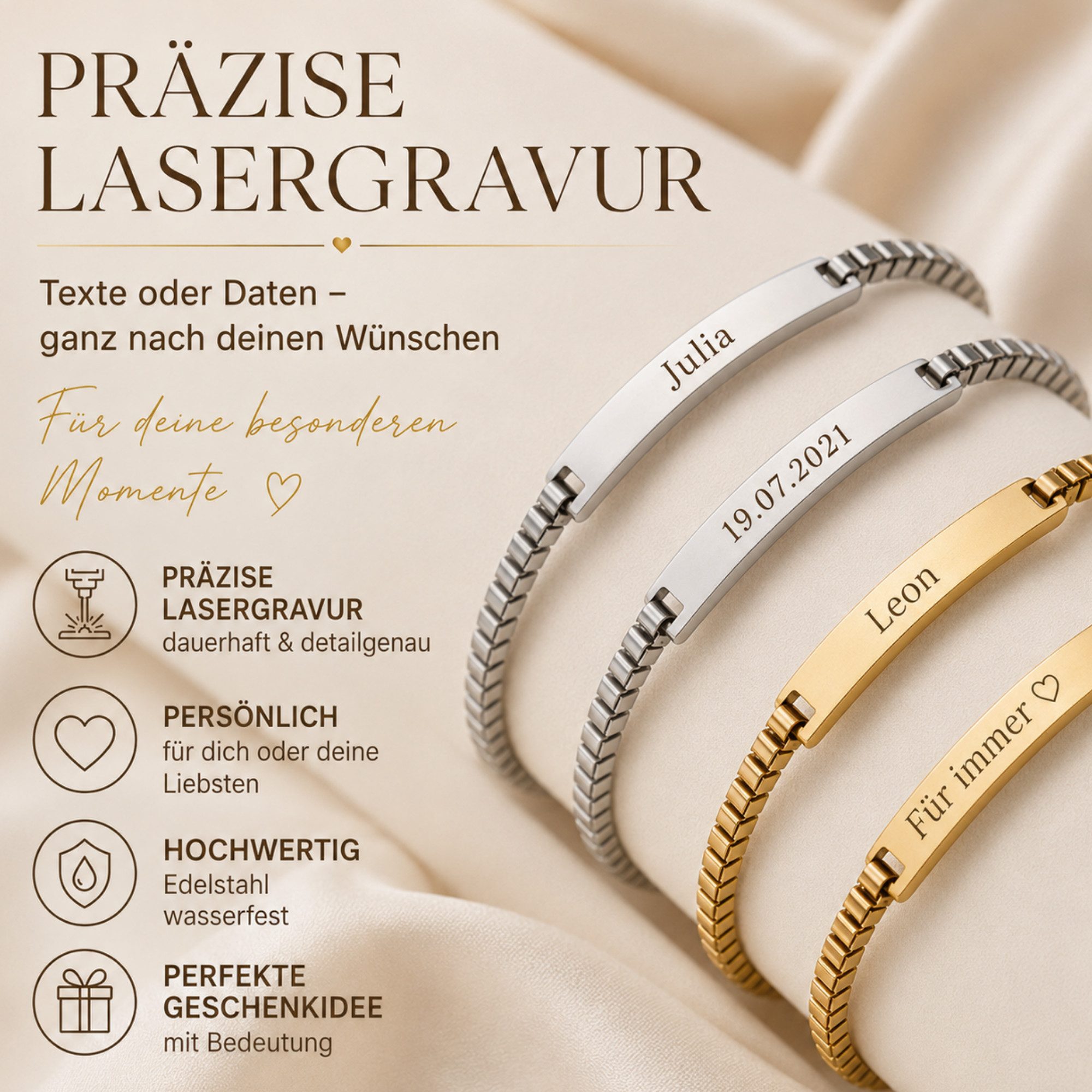 BS Schmuckdesign Armband mit Gravur Partnerarmband Set mit persönlicher Gravur für Paare Edelstahl (2-tlg., personalisiert), Größenverstellbar – Bild 5 von 5