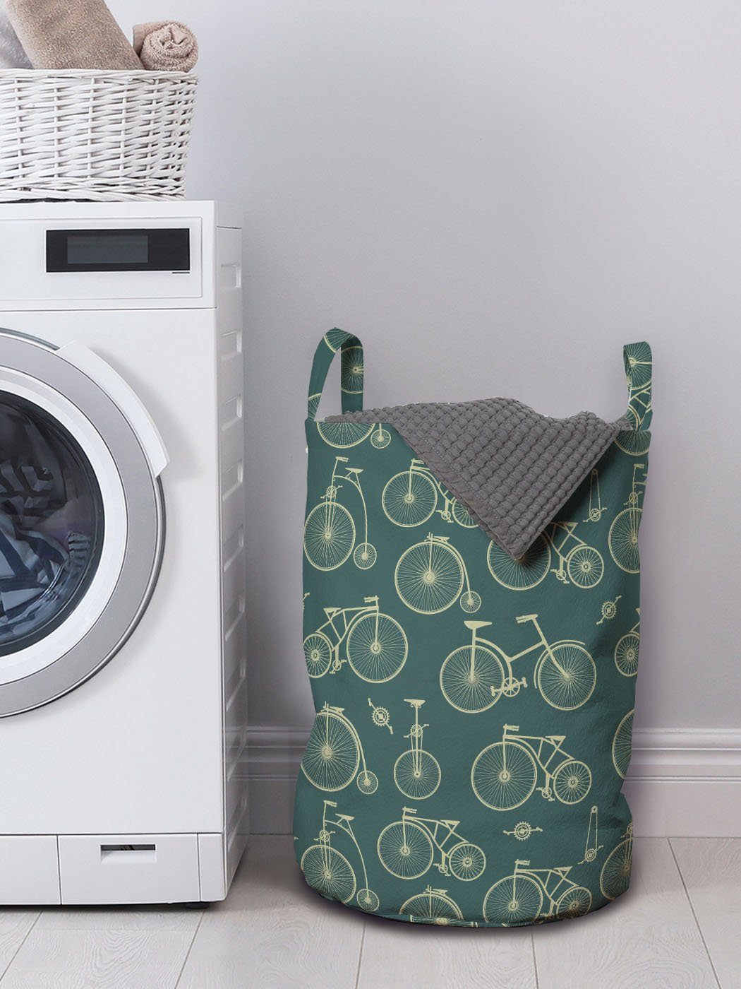 Wäschesäckchen mit Wäschekorb Art Abakuhaus Jahrgang Waschsalons, Griffen Bild für Fahrräder Kordelzugverschluss Verschiedene