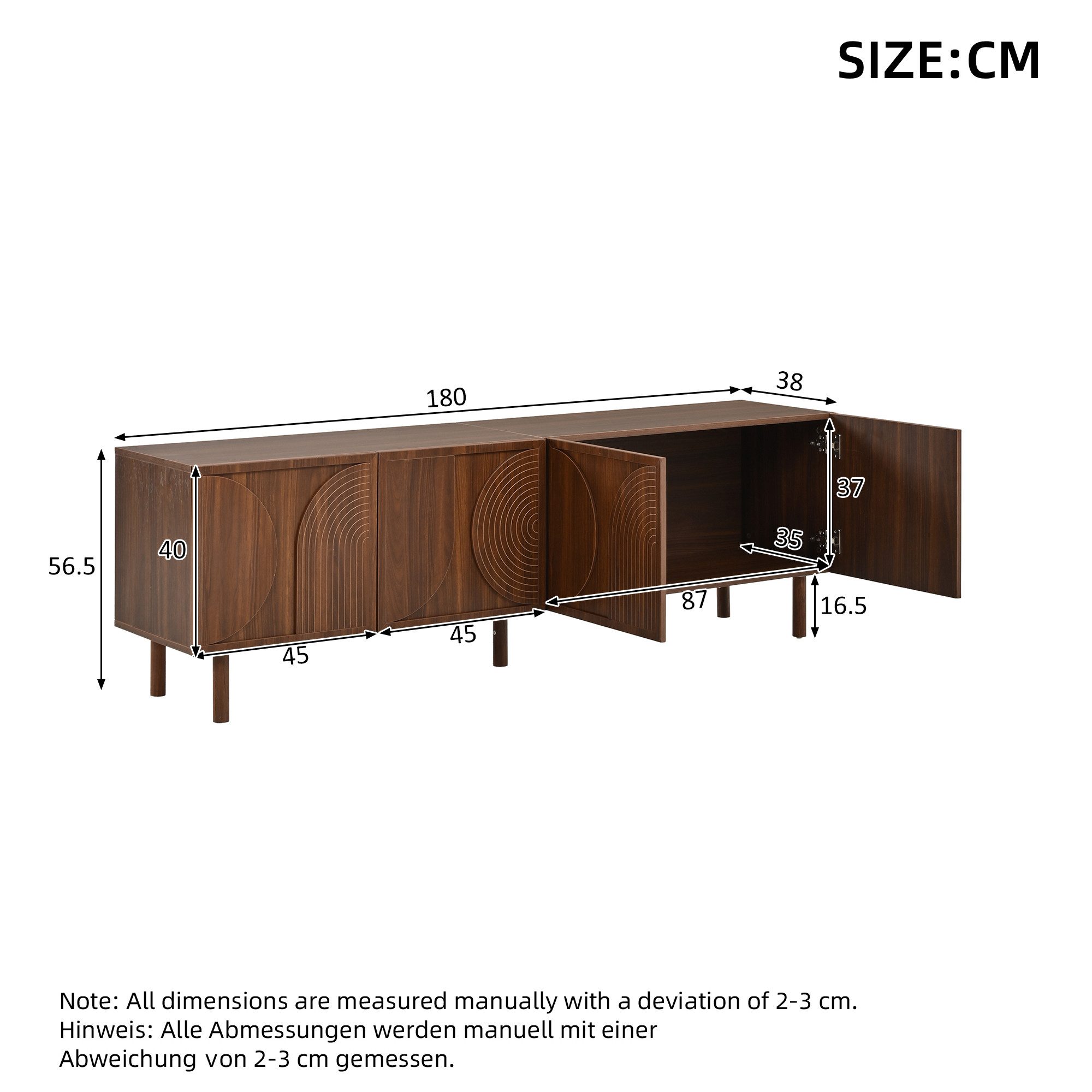 KLAM HOME Lowboard TV-Schrank Walnussholzfarbe 180cm mit 3D-Relief und Soft-Close-Türen (Modernes Lowboard mit 4 Türen, geeignet für Fernseher bis 75 Zoll), Stauraum-TV-Kommode mit Kabeldurchführung für das Wohnzimmer