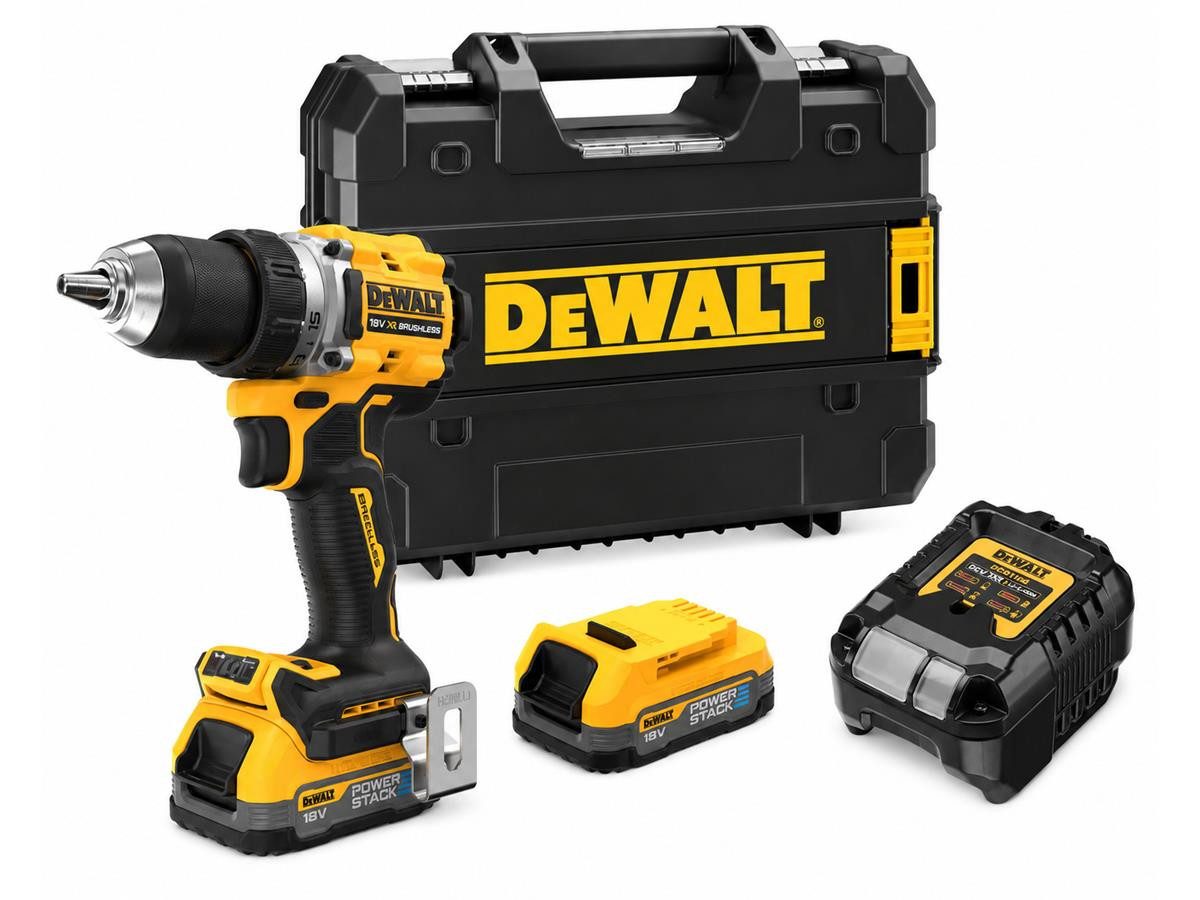 DeWalt Akku-Bohrschrauber 18V / 1,7Ah, 18 V, max. 2000 U/min, mit 90 Nm und 2x 1,7 Ah POWERSTACK Akku im Koffer