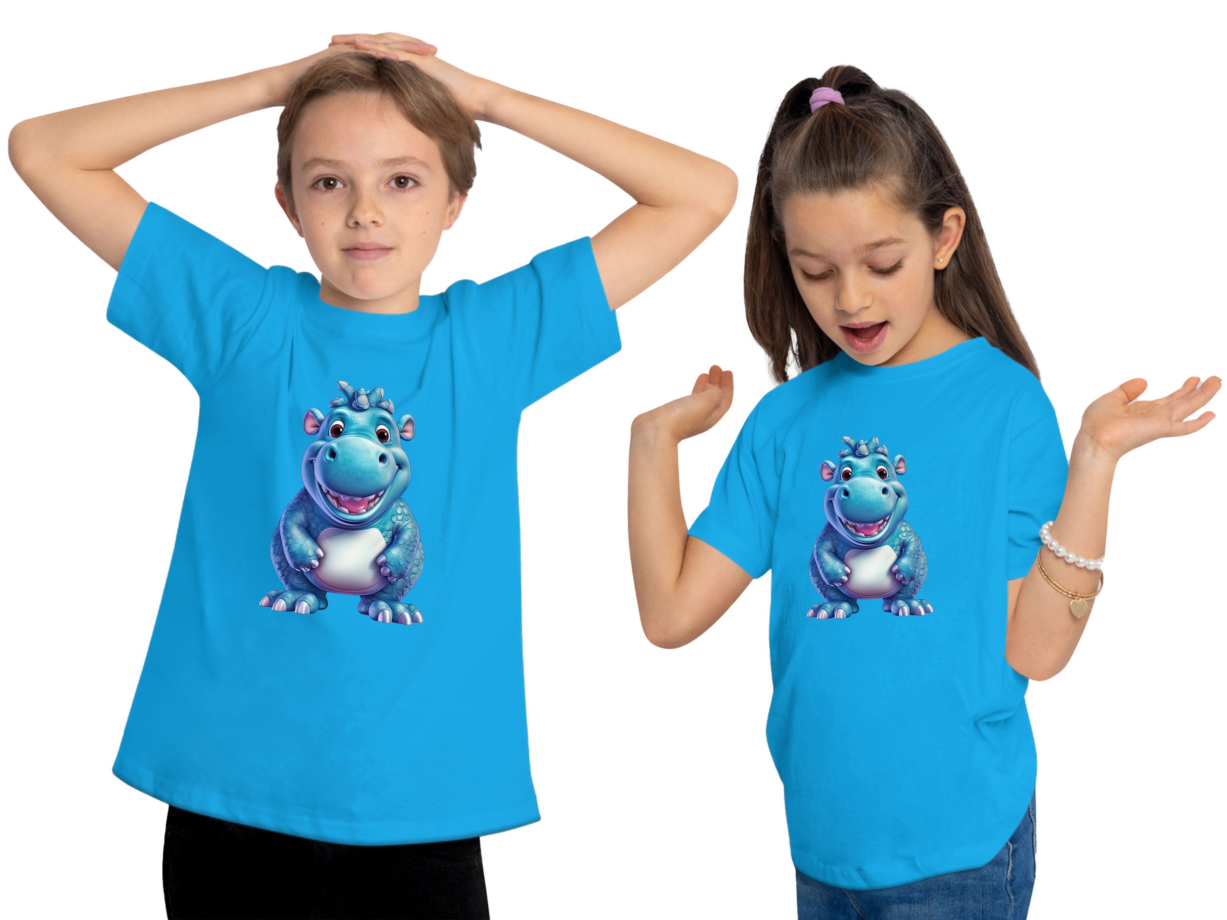 MyDesign24 T-Shirt Kinder mit Baby Shirt aqua Nilpferd Hippo blau bedruckt - i274 Wildtier Baumwollshirt Aufdruck, Print